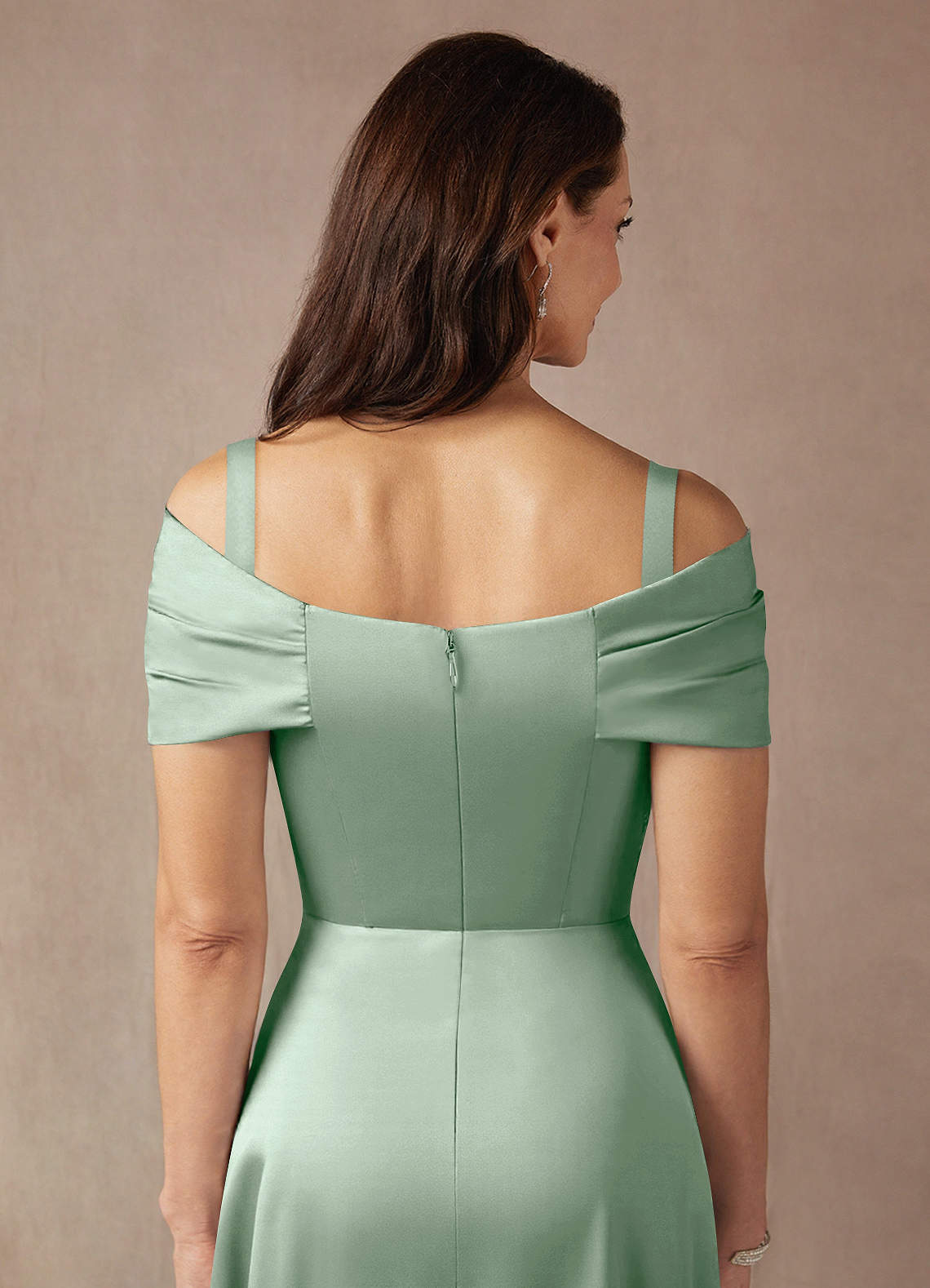 Azazie Amelia Mother of the Bride Dresses Agave A-Line Off the Shoulder Stretch Satin Dress image6