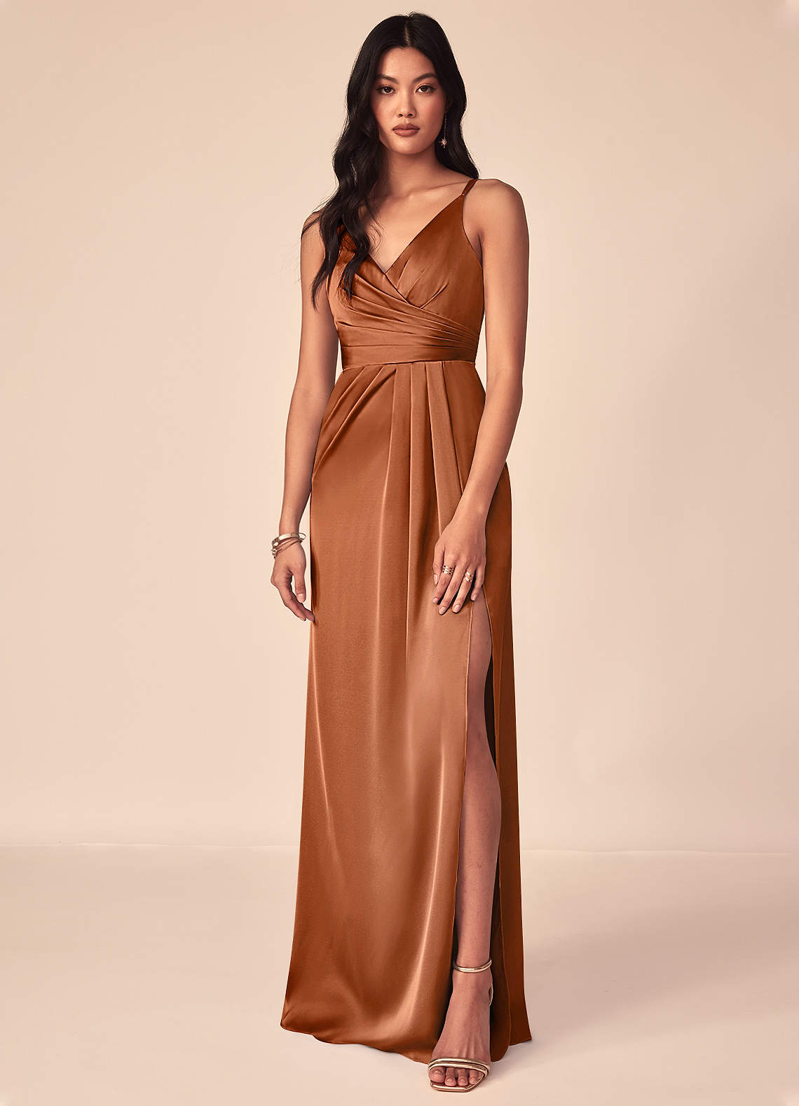 Azazie Aqua Bridesmaid Dresses Copper A-Line V-Neck Pleated Stretch Satin Dress image1