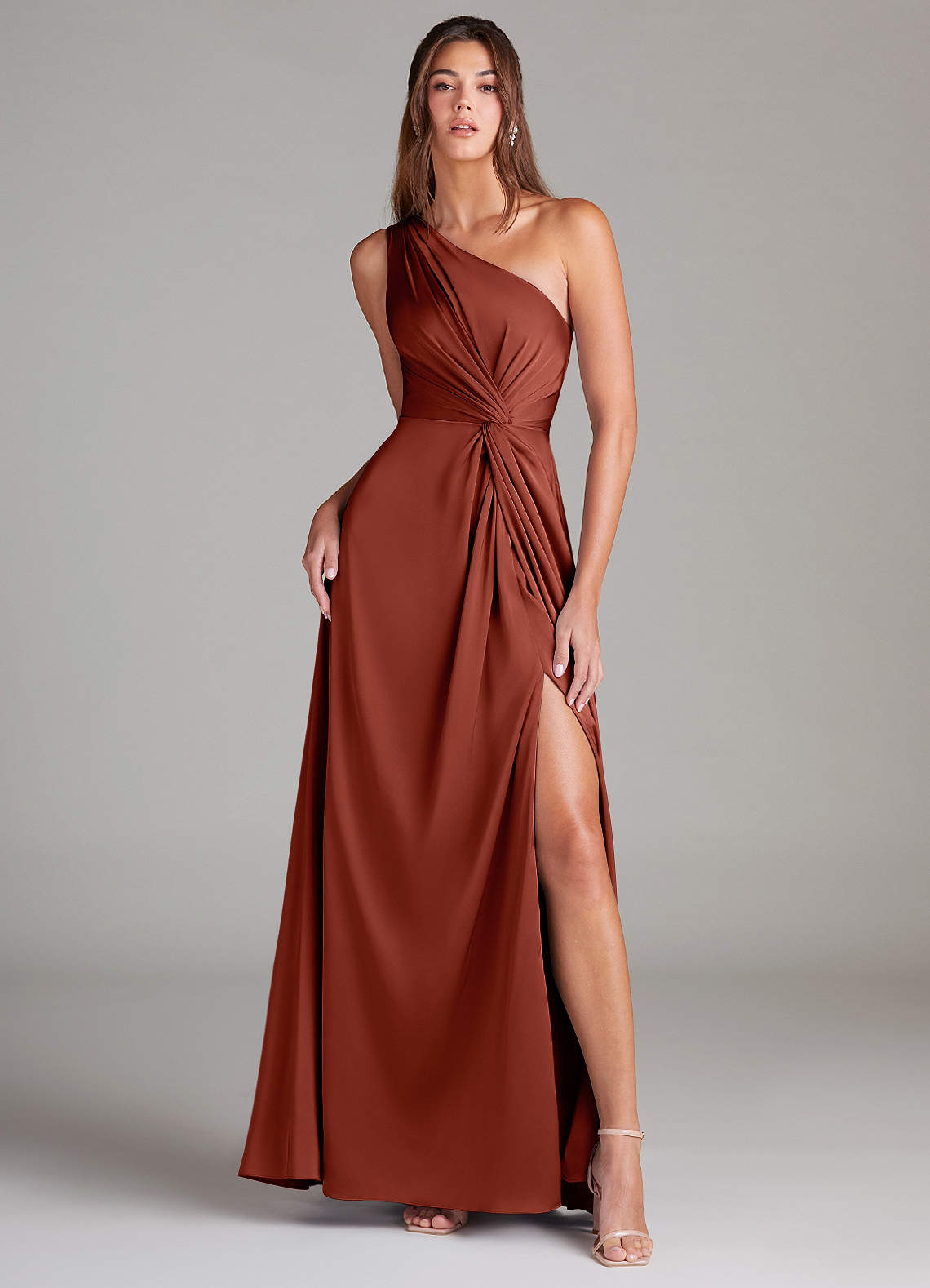 Azazie Brooke Bridesmaid Dresses Terracotta A-Line One Shoulder Stretch Satin Dress image1