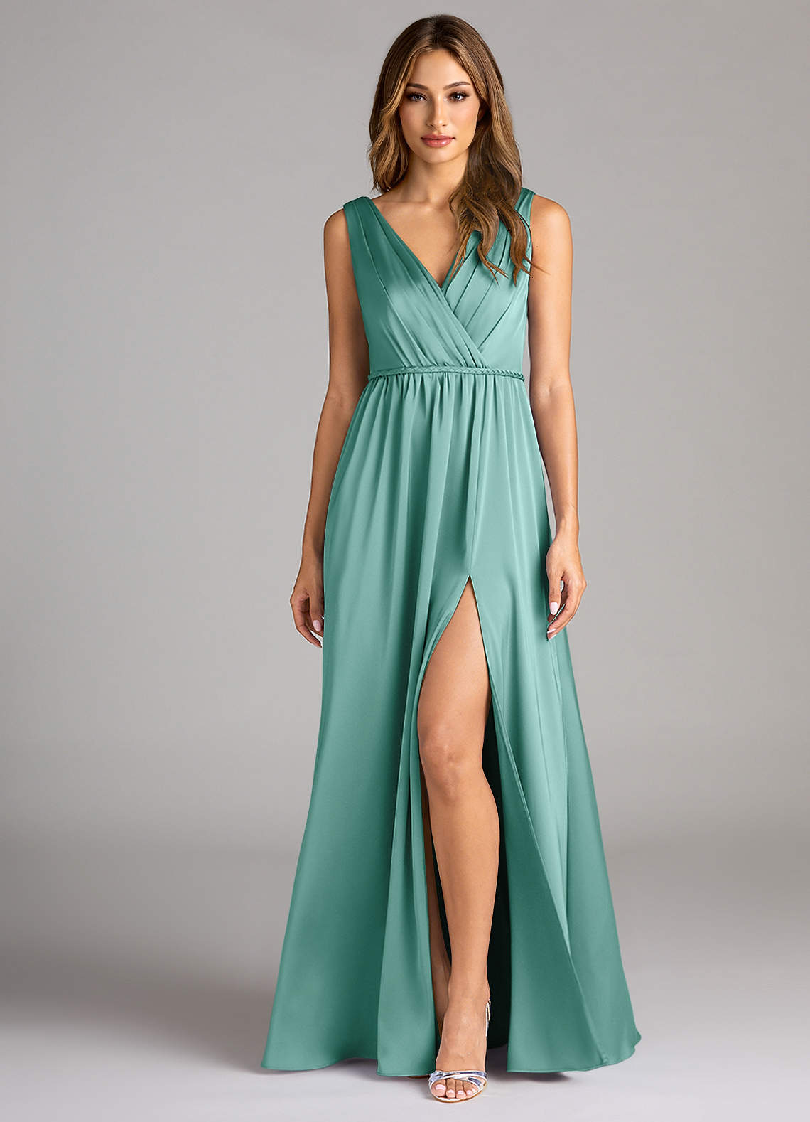 Azazie Tanicia Bridesmaid Dresses Aqua A-Line Pleated Stretch Satin Dress image1
