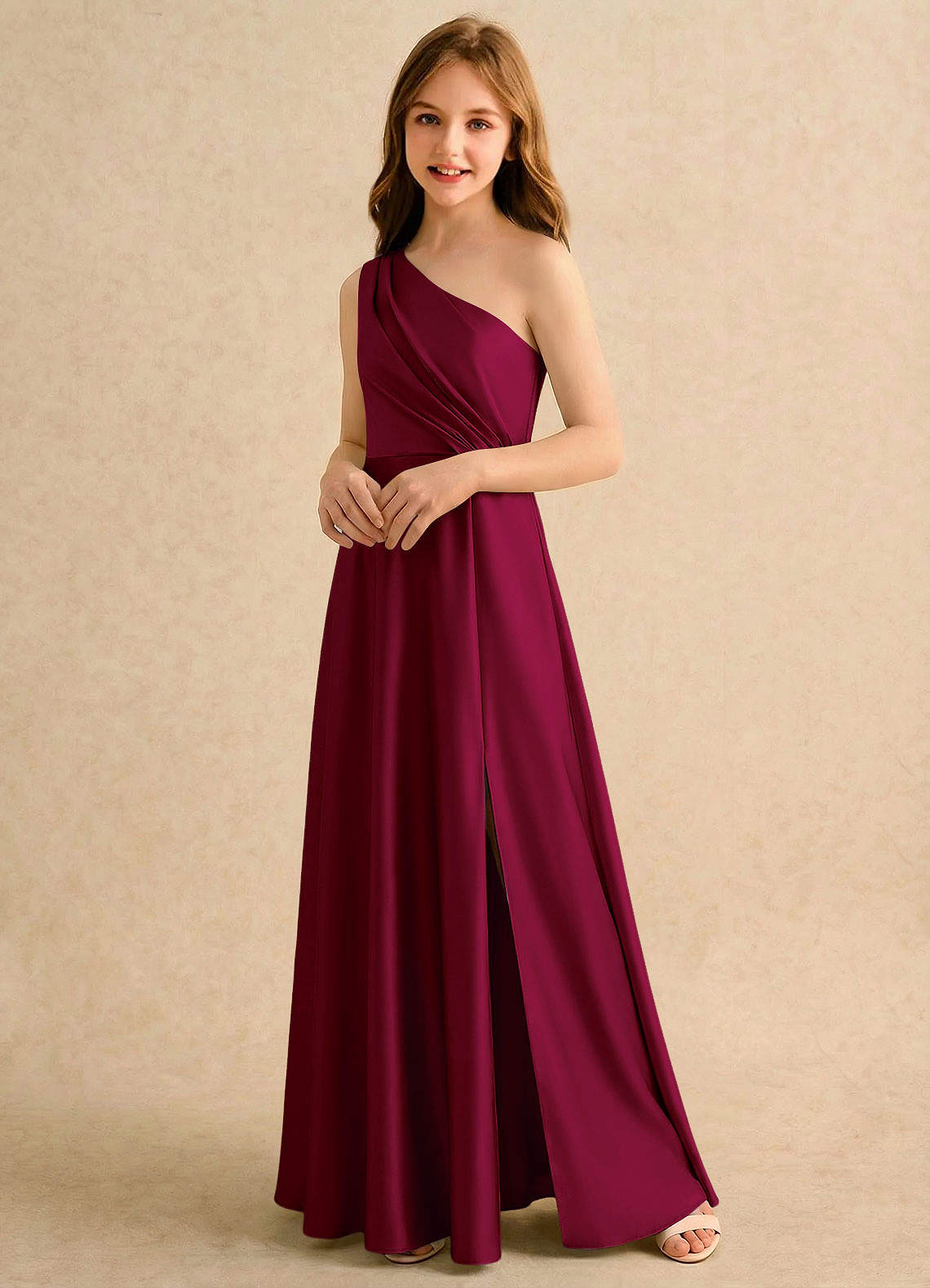 Azazie Puddles Girls Formal Flower Girl Klänningar Klä A-Line i Stretch Satin Ena axeln image3