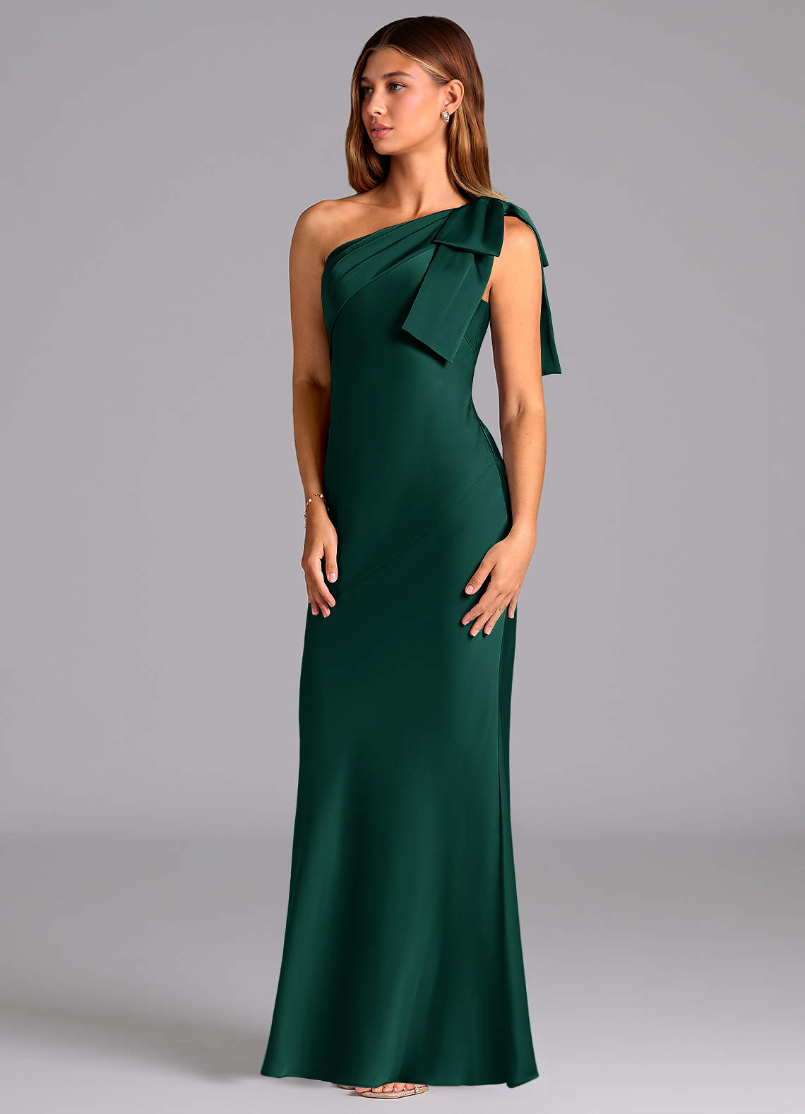 Azazie Yuanna Bridesmaid Dresses Emerald Mermaid One Shoulder Stretch Satin Dress image3