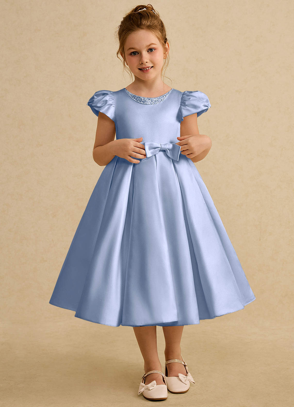 Azazie Pearl vestidos de niña de las flores Vestido de Hielo de Satin Mate de Princesa con Plisado image1