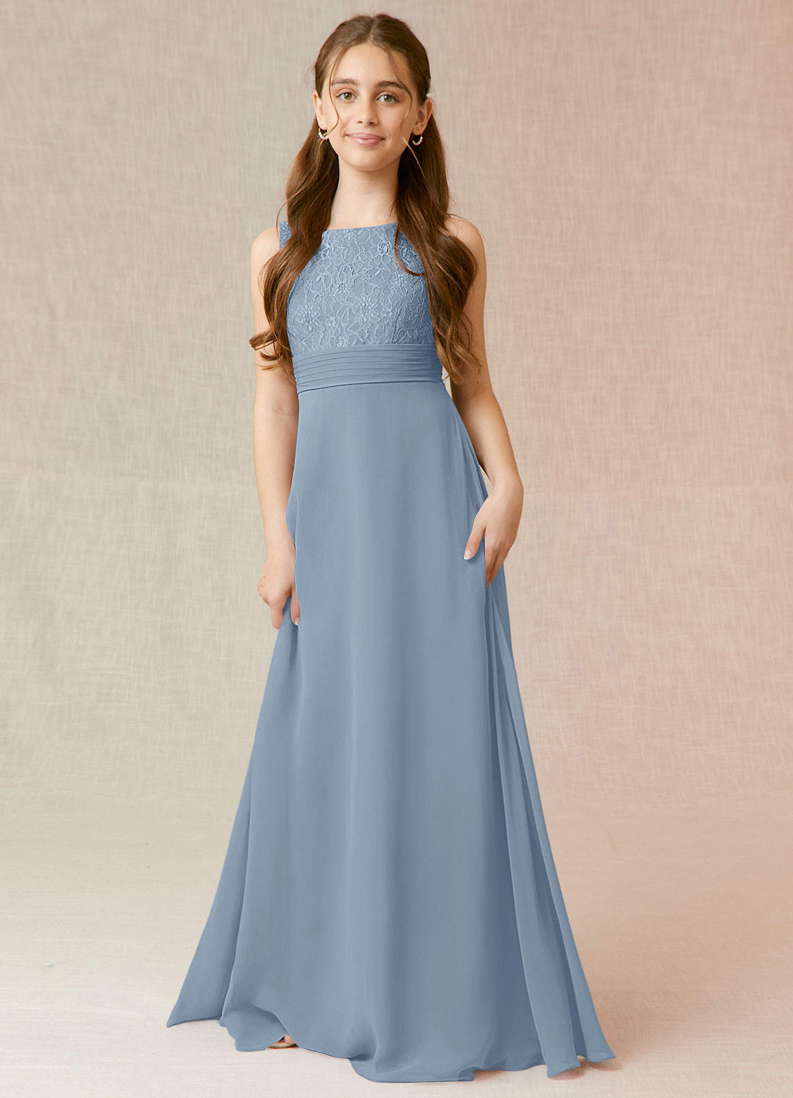 Azazie Snow Junior A-Linie Spitze Chiffon Kleid Staubblau image1