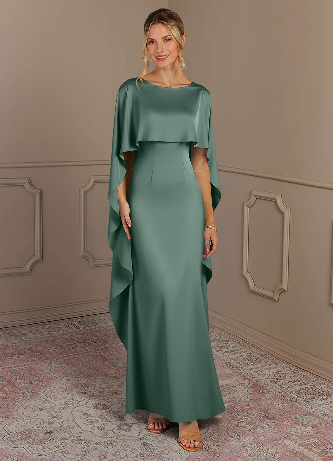 Azazie Eli vestidos de madre de la novia Vestido de Eucalipto de Satén Elástico de Recto con Cuello de barco image1