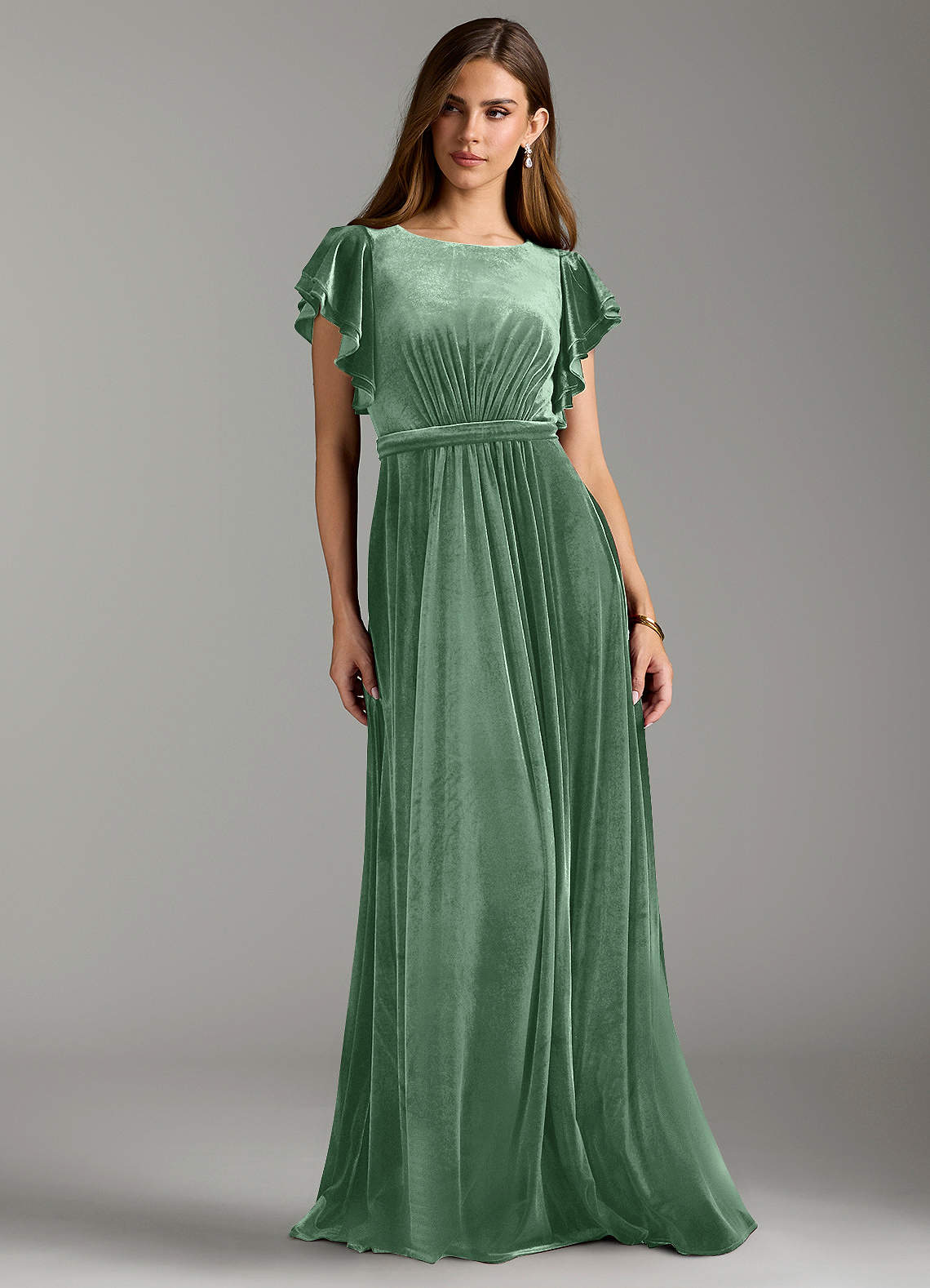 Azazie Daphne Final Sale A-Line Velvet Floor-Length Dress with Belt image2