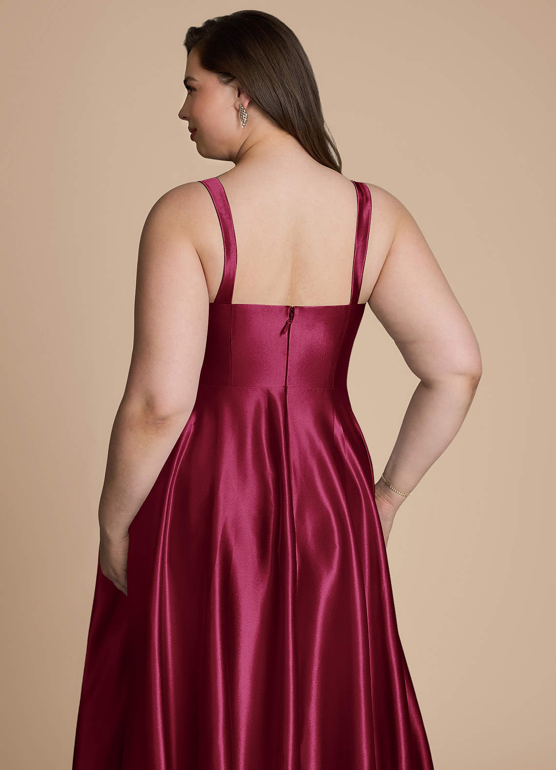 Azazie Shaude At-home Try On Dresses Burgundy A-Line Pleated Metallic Satin Dress image12