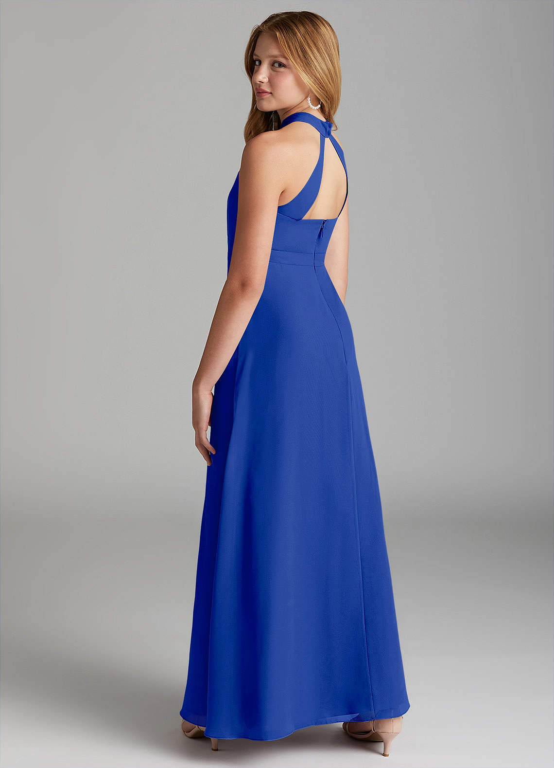 Azazie Clarice Junior Robe Trapèze en Mousseline de soie Fente Latérale Bleu Roi image1