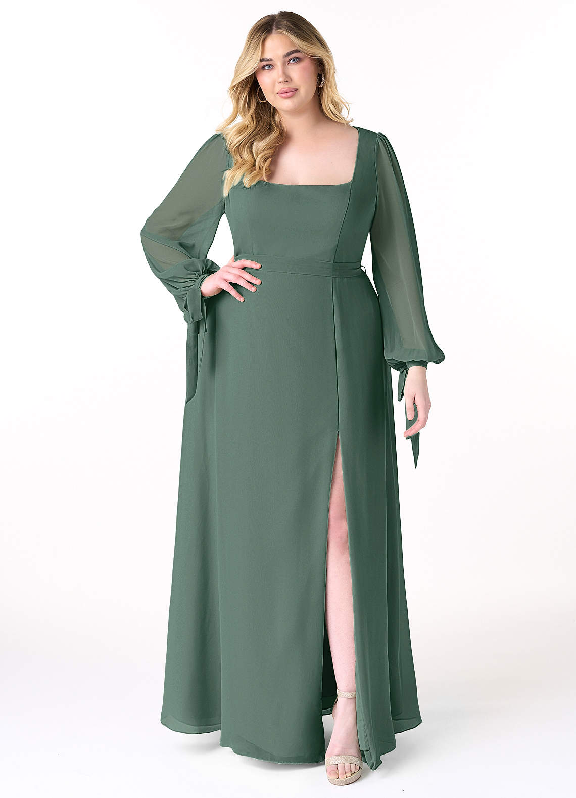 Azazie Leonia Bridesmaid Dresses Sea Moss A-Line Long Sleeve Chiffon Dress image1