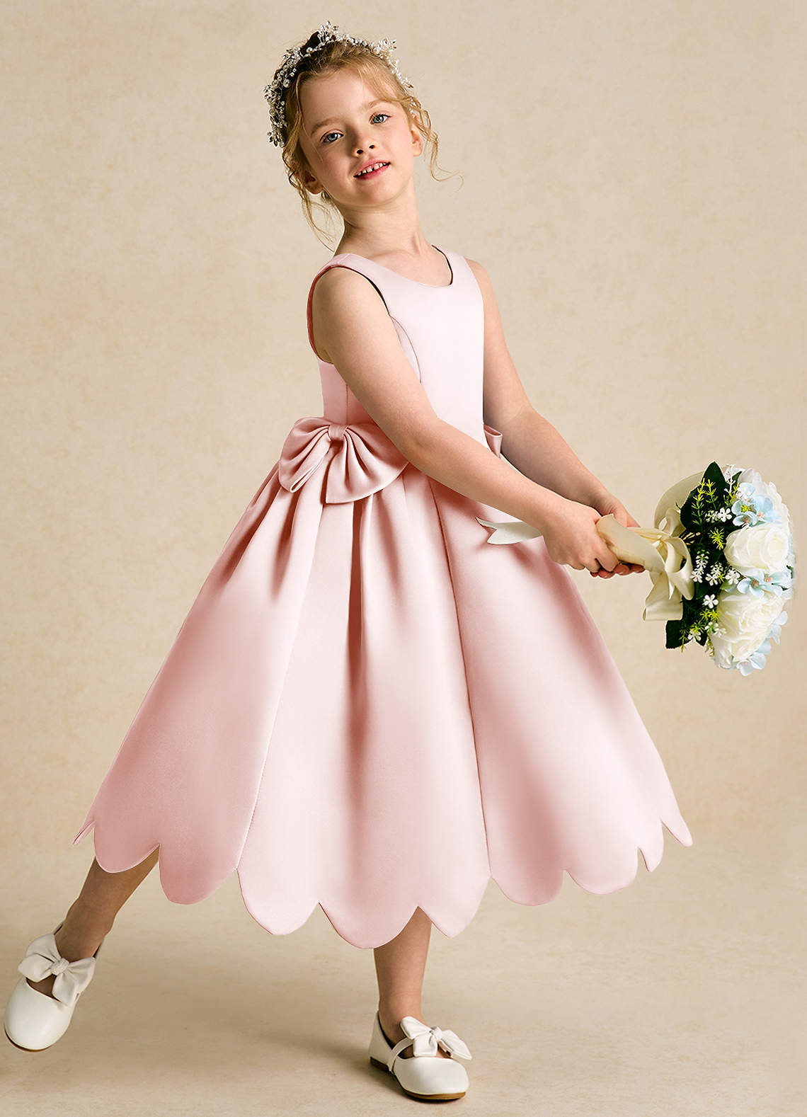 Azazie Macaroon Flower Girl Dresses Blushing Pink Ball-Gown Bow Matte Satin Dress image1
