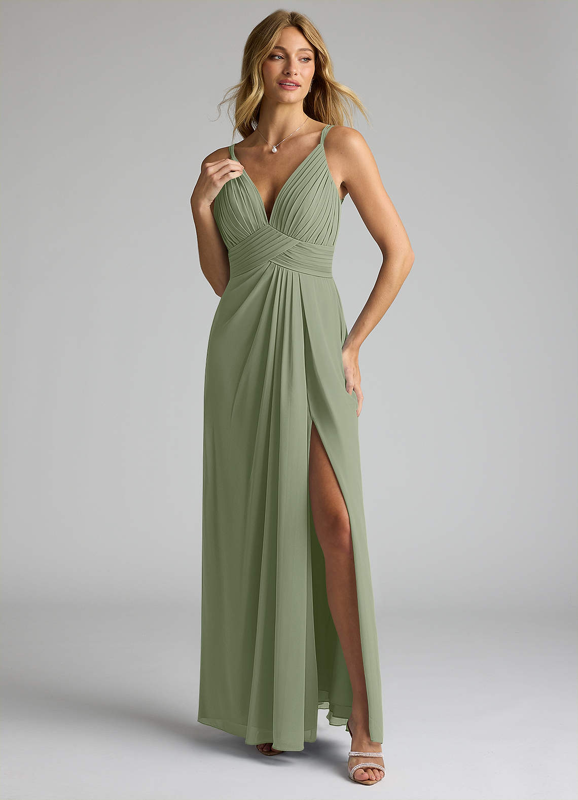 Azazie Maren Allure Ready to Ship Pistachio Chiffon Bridesmaid