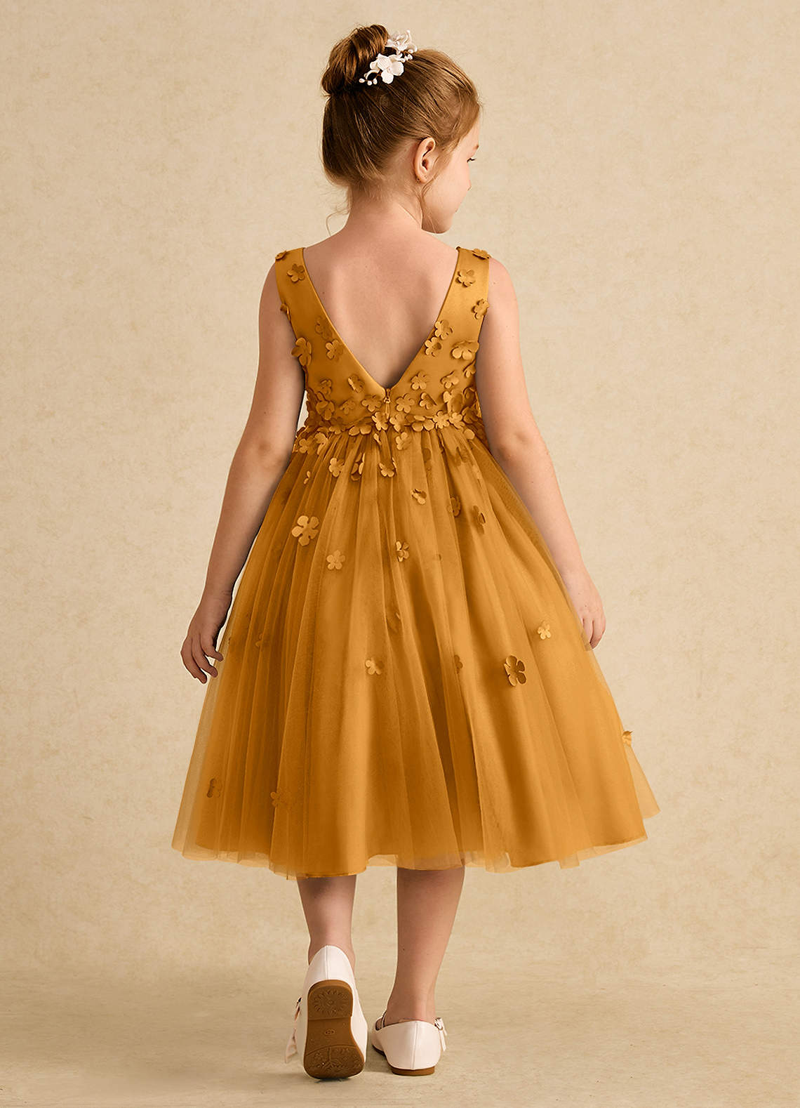 Azazie Lana Flower Girl Dresses Butterscotch A-Line Sleeveless Matte Satin Dress image1