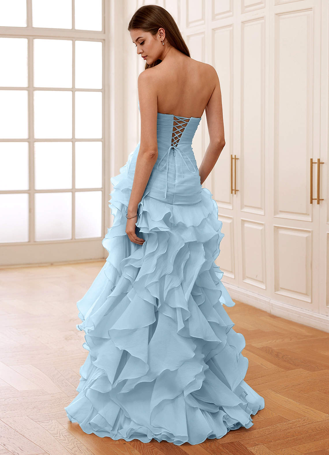 blue corset wedding dress Wedtrend Women Dark Blue Long Bridesmaid Dress A-Line Square Neck Corset  Lace Up Back Chiffon Wedding Guest Dress – WEDTREND main image 0