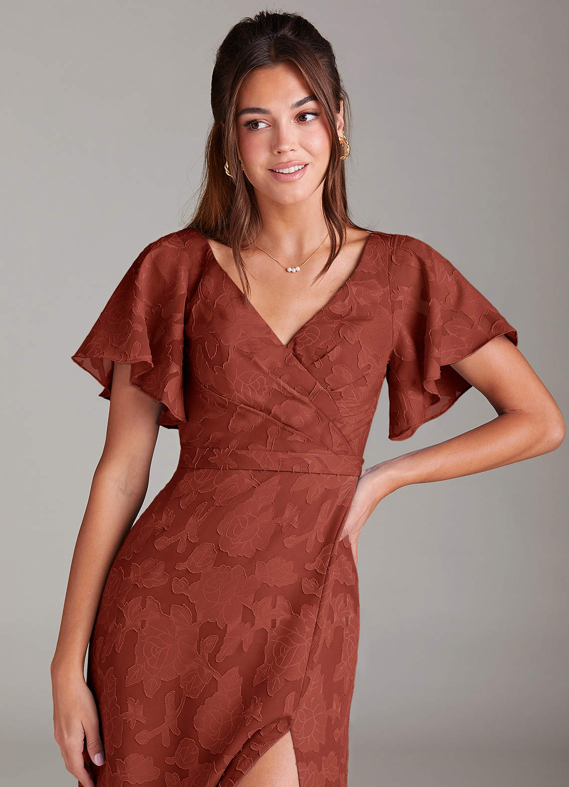 Azazie Ambrosia Robes de demoiselle d'honneur Robe Trapèze en Blumen-Burnout Plissée Terracotta image4