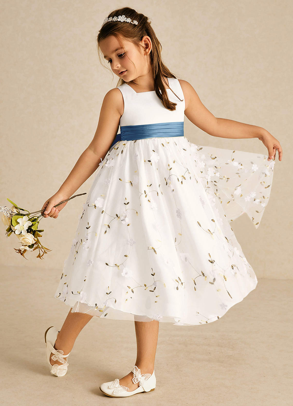 Azazie Pollie Blumenmädchenkleider A-Linie Schleifen Tüll Kleid Elfenbein Stahlblau image1