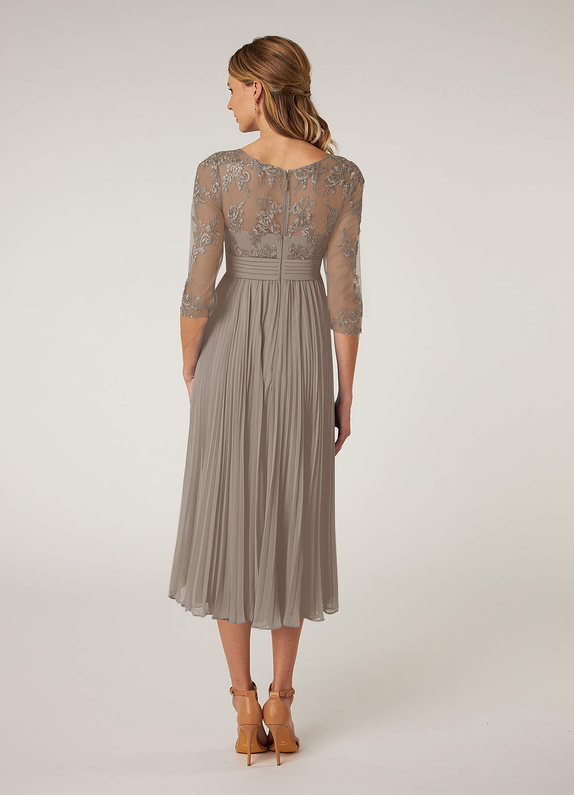 Azazie Tutu Mother of the Bride Dresses Taupe A-Line Boatneck Lace Chiffon Dress image1