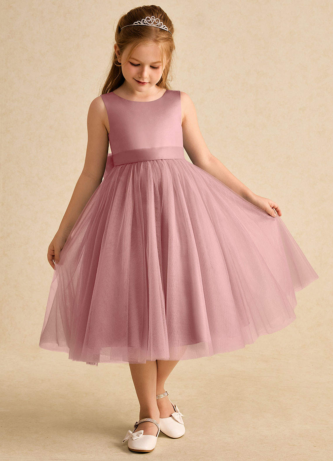 Azazie Winnie Flower Girl Dresses Dusty Rose Ball-Gown Bow Tulle Dress image1
