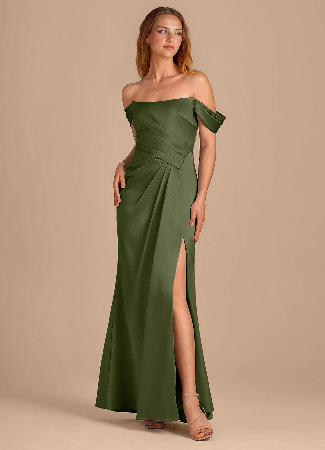 Azazie Shea Vestidos de damas de honor Vestido de Oliva de Satén Metálico de Corte Sirena Convertible con Vestidos sin tirantes image1