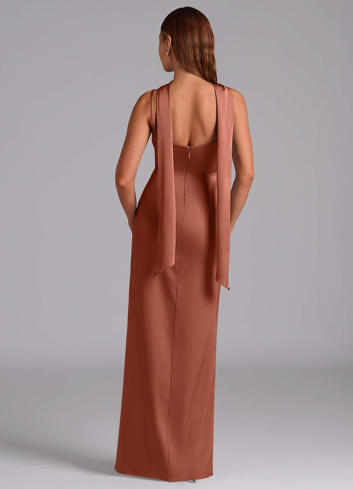 Azazie Calandra Brudtärnklänningar Klä av A-Linje i Stretch Satin Plisserad Kastanjebrunt image3