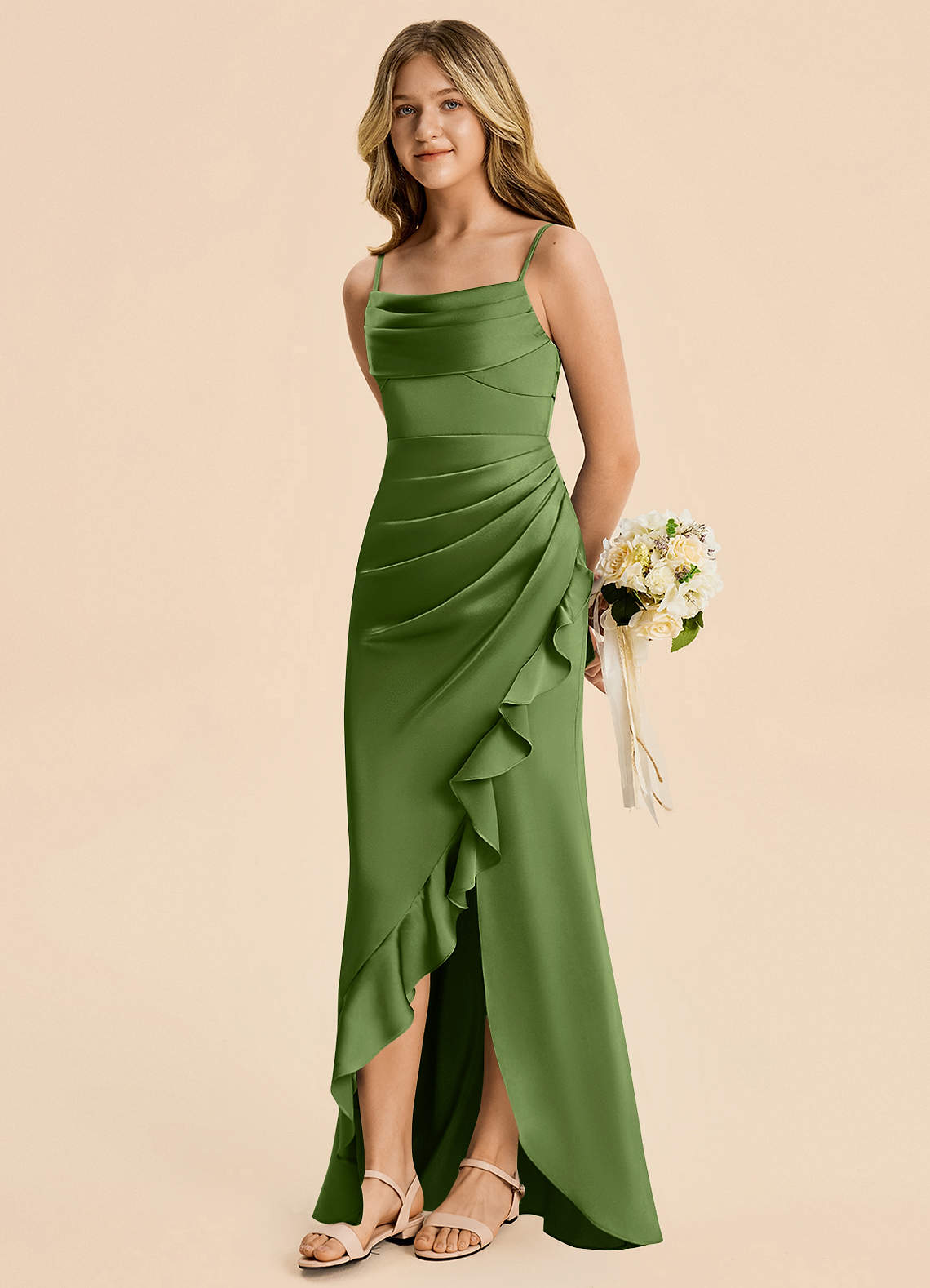 Azazie Mermaid Cowl Neck Floor-Length Stretch Satin Junior Bridesmaid Dresses