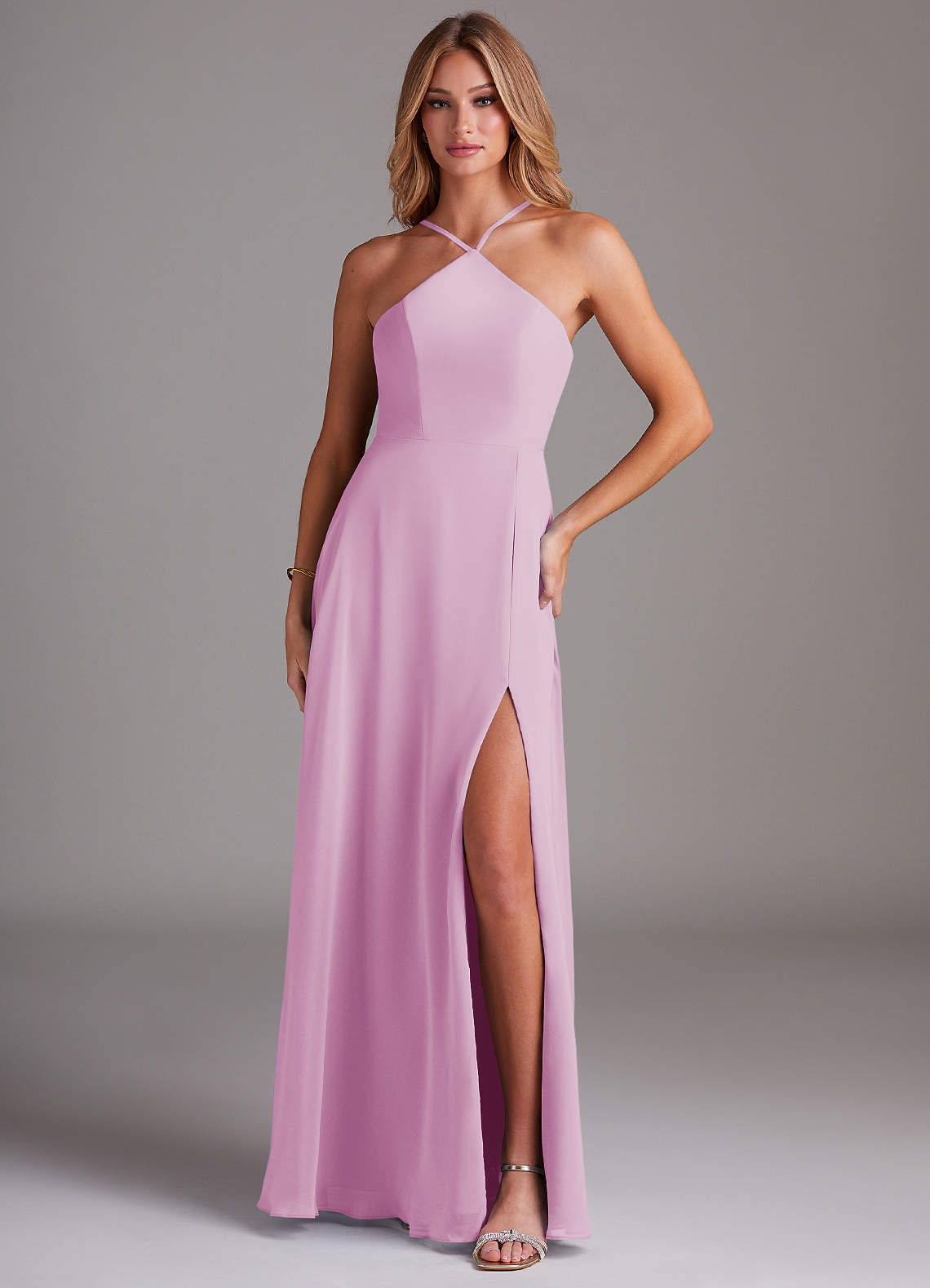 Azazie Bailey Vestidos de damas de honor Vestido de Rosa Caramelo de Gasa de Corte en A con Halter Abertura lateral image1