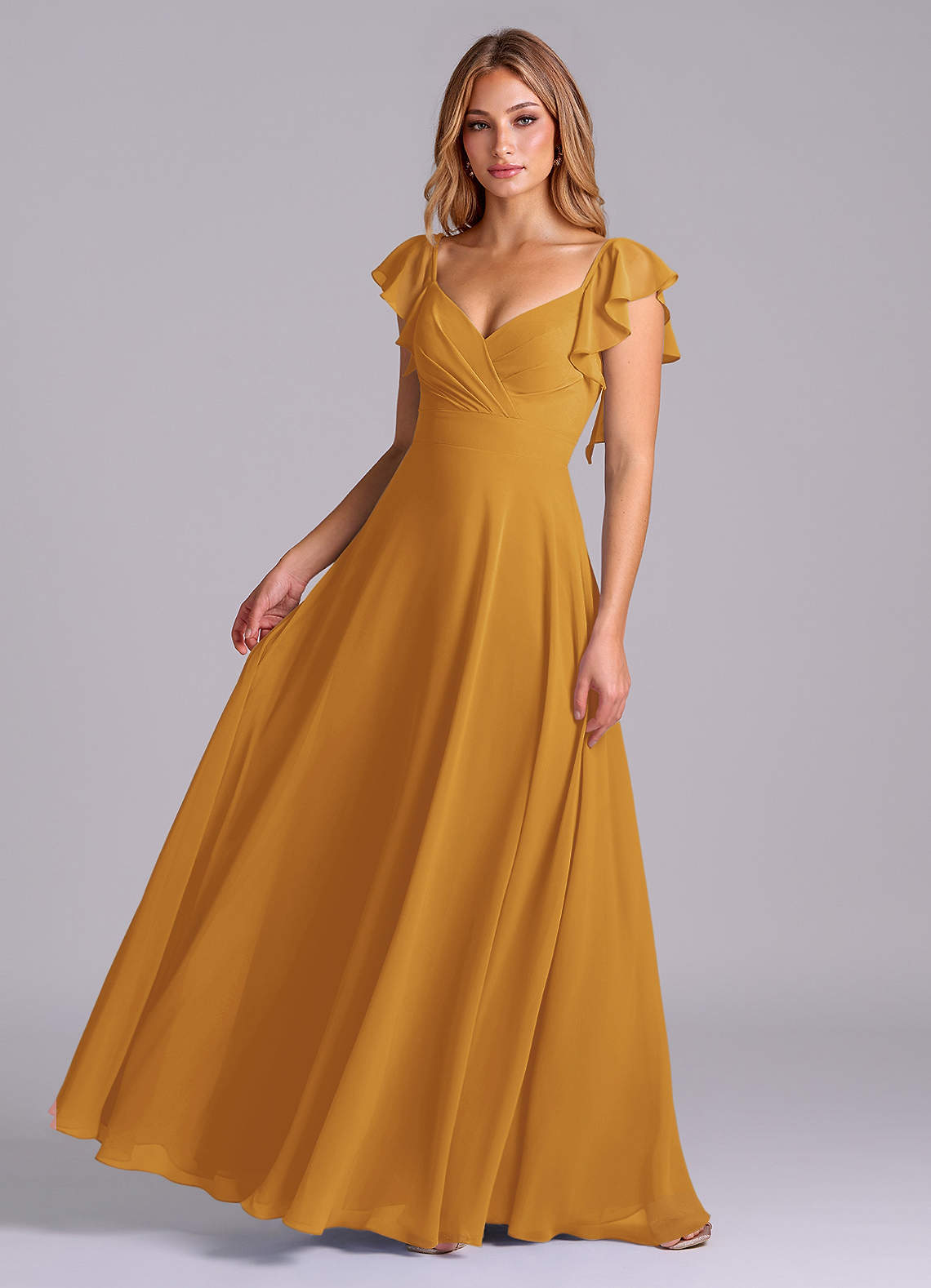 Azazie Leilani Bridesmaid Dresses Butterscotch A-Line Pleated Chiffon Dress image1