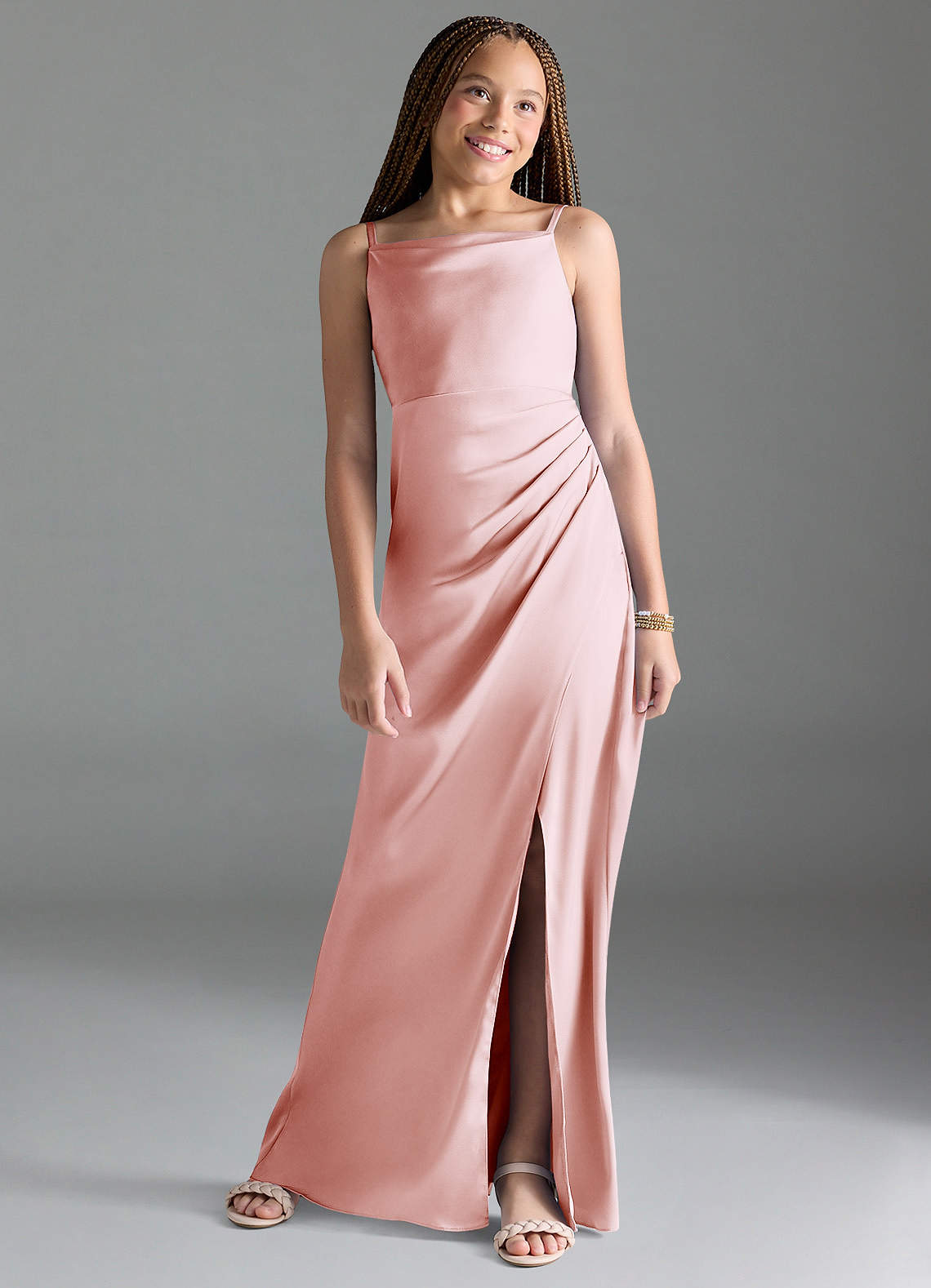 Azazie Leonis Junior Blushing Pink A-Line Pleated Stretch Satin Dress image1