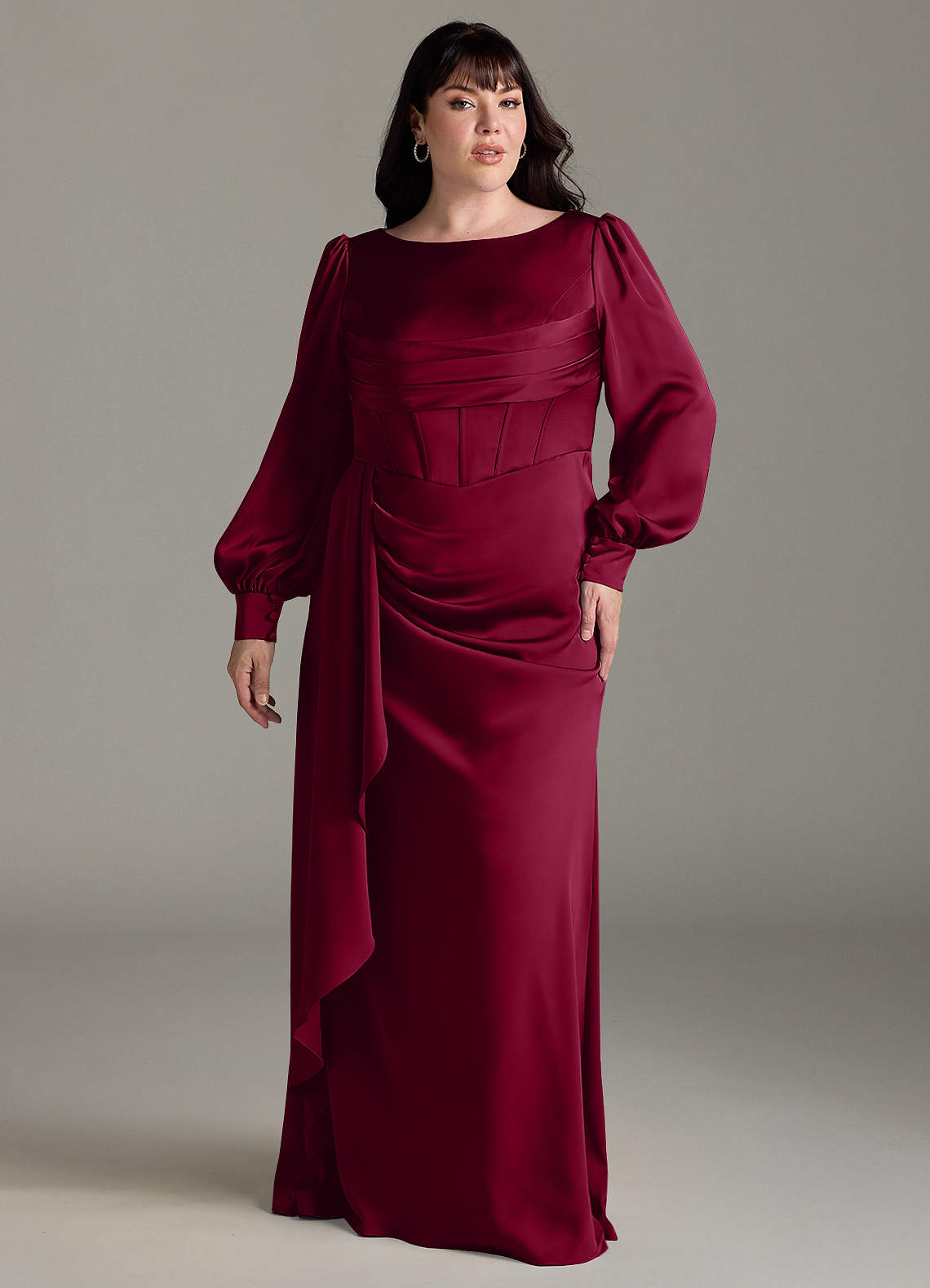 Azazie Raye Bridesmaid Dresses Burgundy Mermaid Long Sleeve Stretch Satin Dress image1