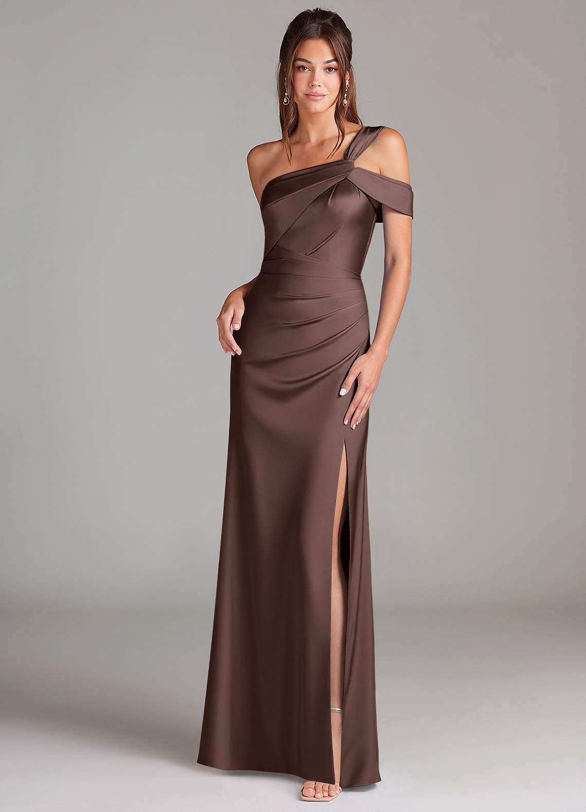 Azazie Wynter Bridesmaid Dresses Ganache Sheath One Shoulder Stretch Satin Dress image1