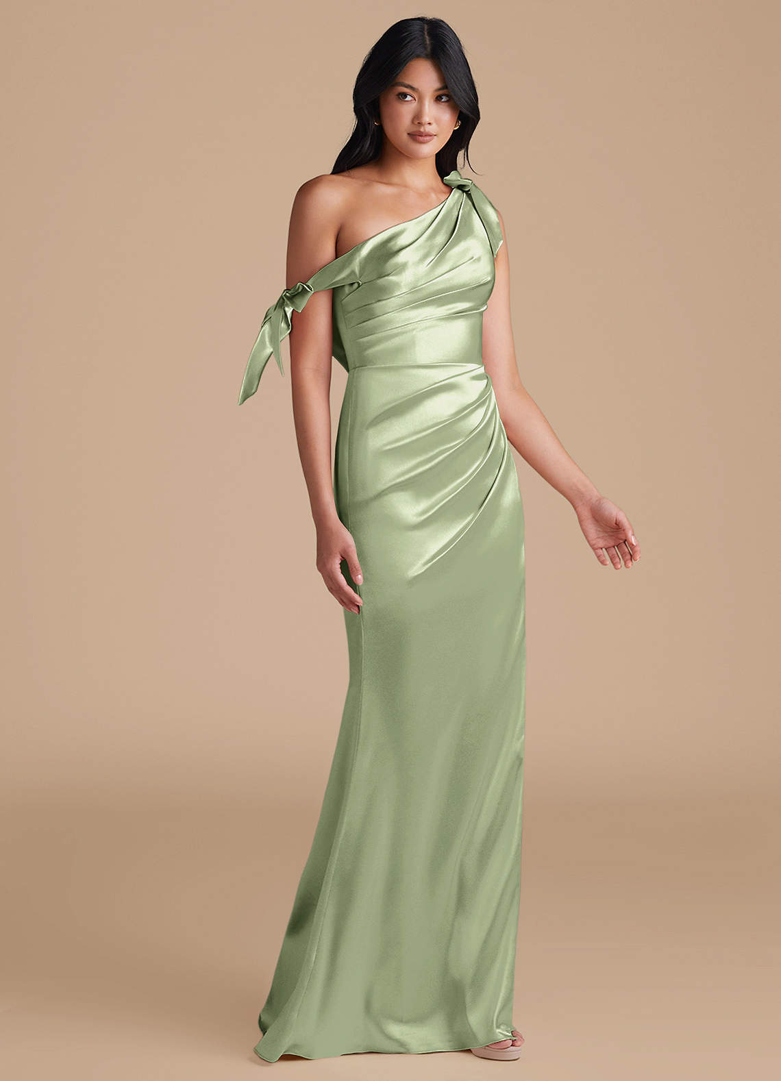 Azazie Xyla Bridesmaid Dresses Dusty Sage Sheath Off the Shoulder Metallic Satin Convertible Dress image6