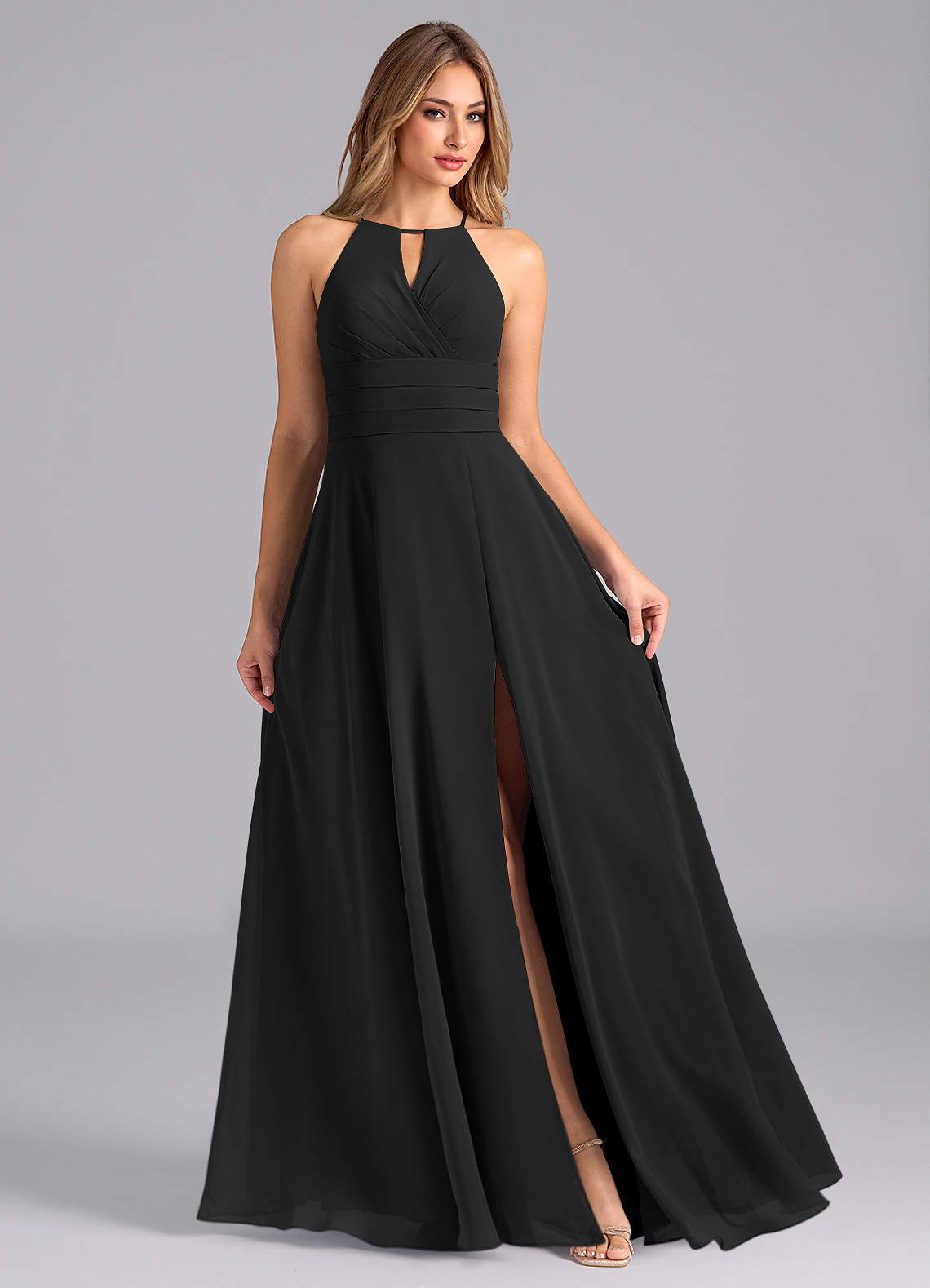 Azazie Denver Vente Finale Robe Trapèze en Mousseline de soie Plissée Noir image2