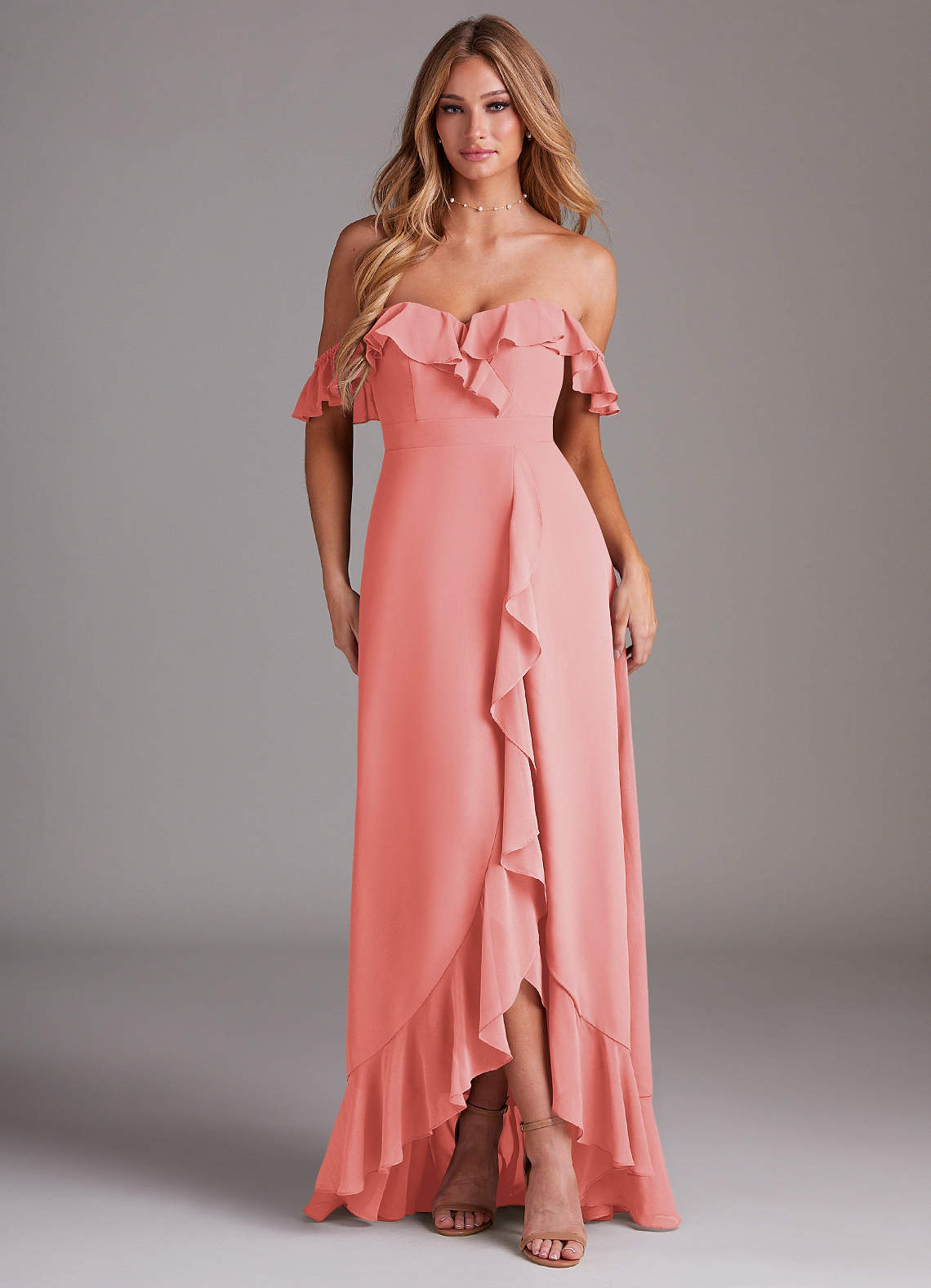 Azazie Lyra Bridesmaid Dresses Coral A-Line Chiffon Convertible Dress image1