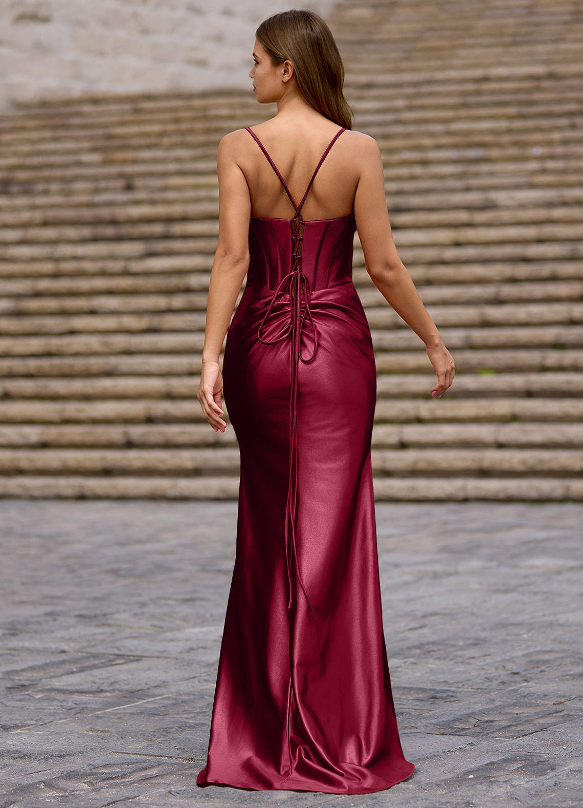 maroon satin prom dress Azazie 2026 Corset Sequins Mermaid Prom Dress Burgundy Gown