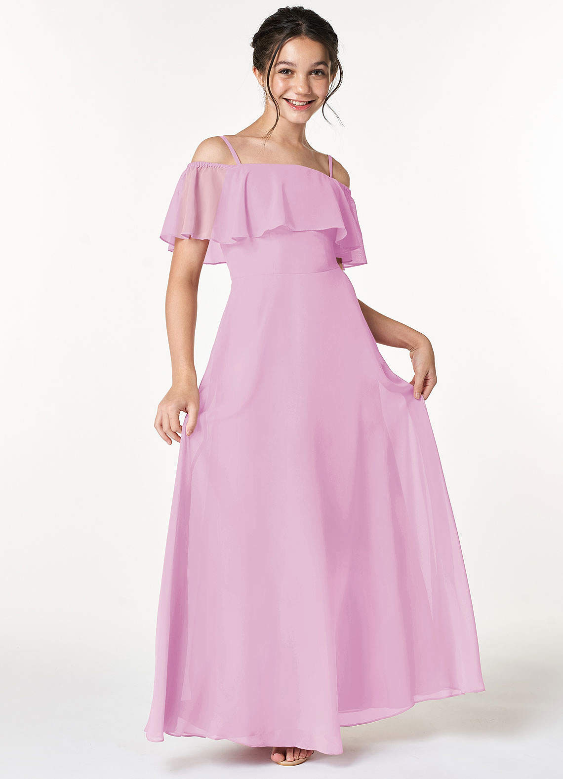 Azazie Maggie Junior Candy Pink A-Line Off the Shoulder Chiffon Dress image1
