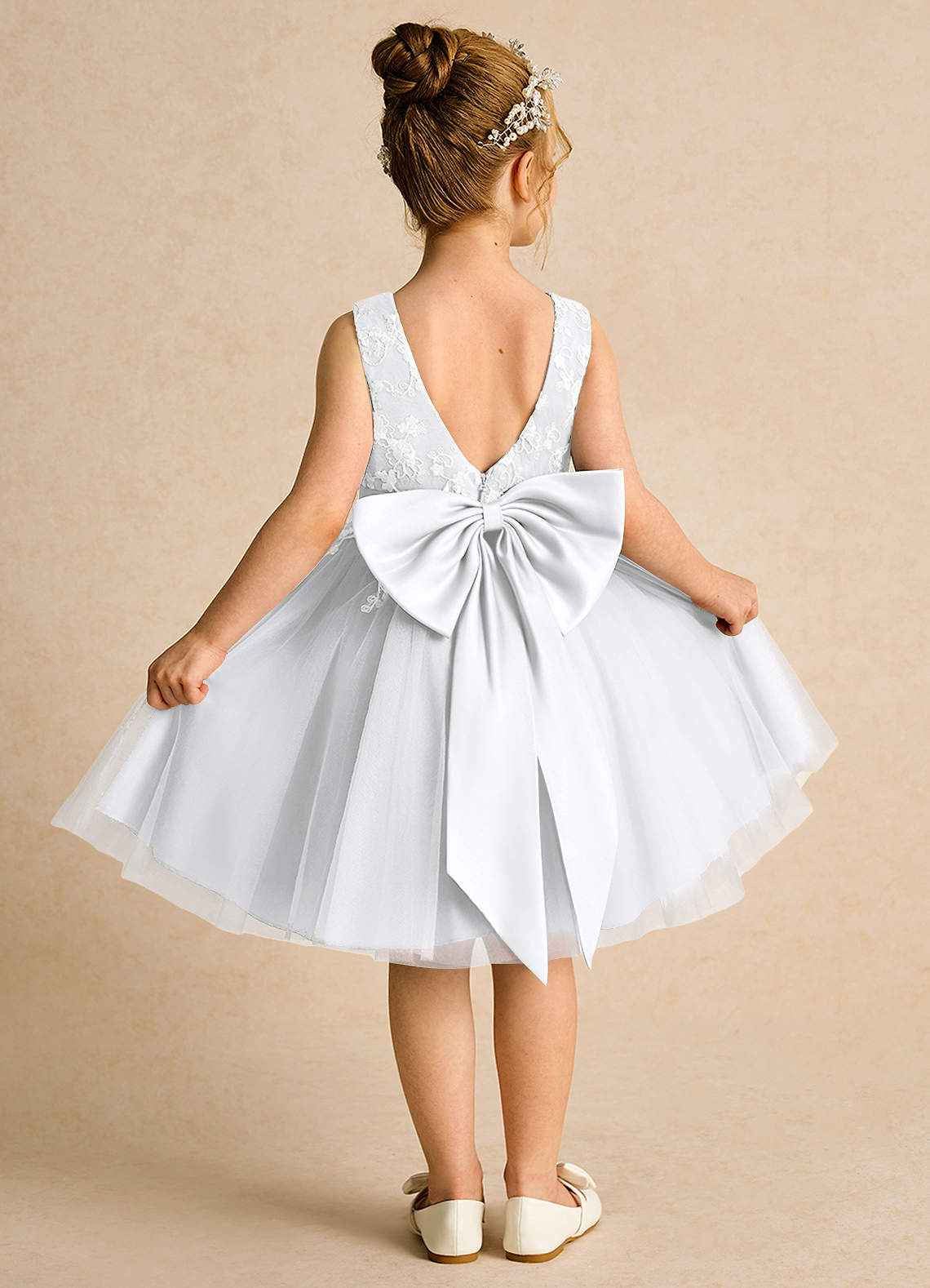 Azazie Butterfly Flower Girl Dresses White A-Line Lace Dress image1
