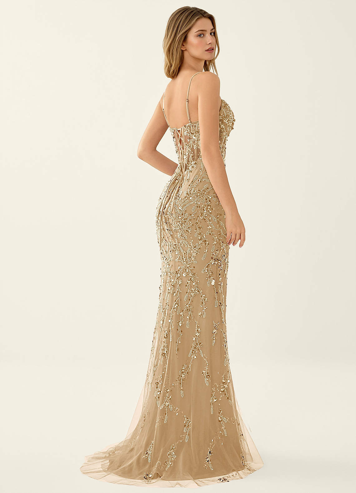 Zivah Champagne Beaded Corset Lace Up Back Mermaid Dress image2