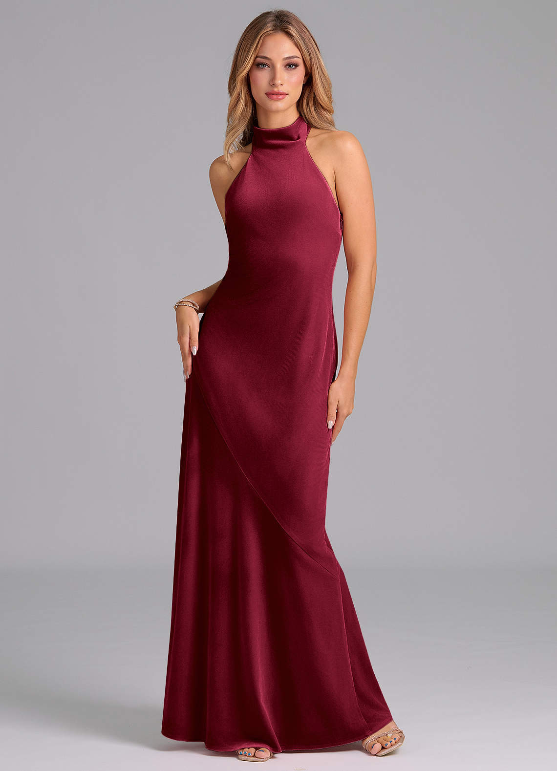 Azazie Velli Bridesmaid Dresses Burgundy Mermaid High Neck Velvet Dress image1