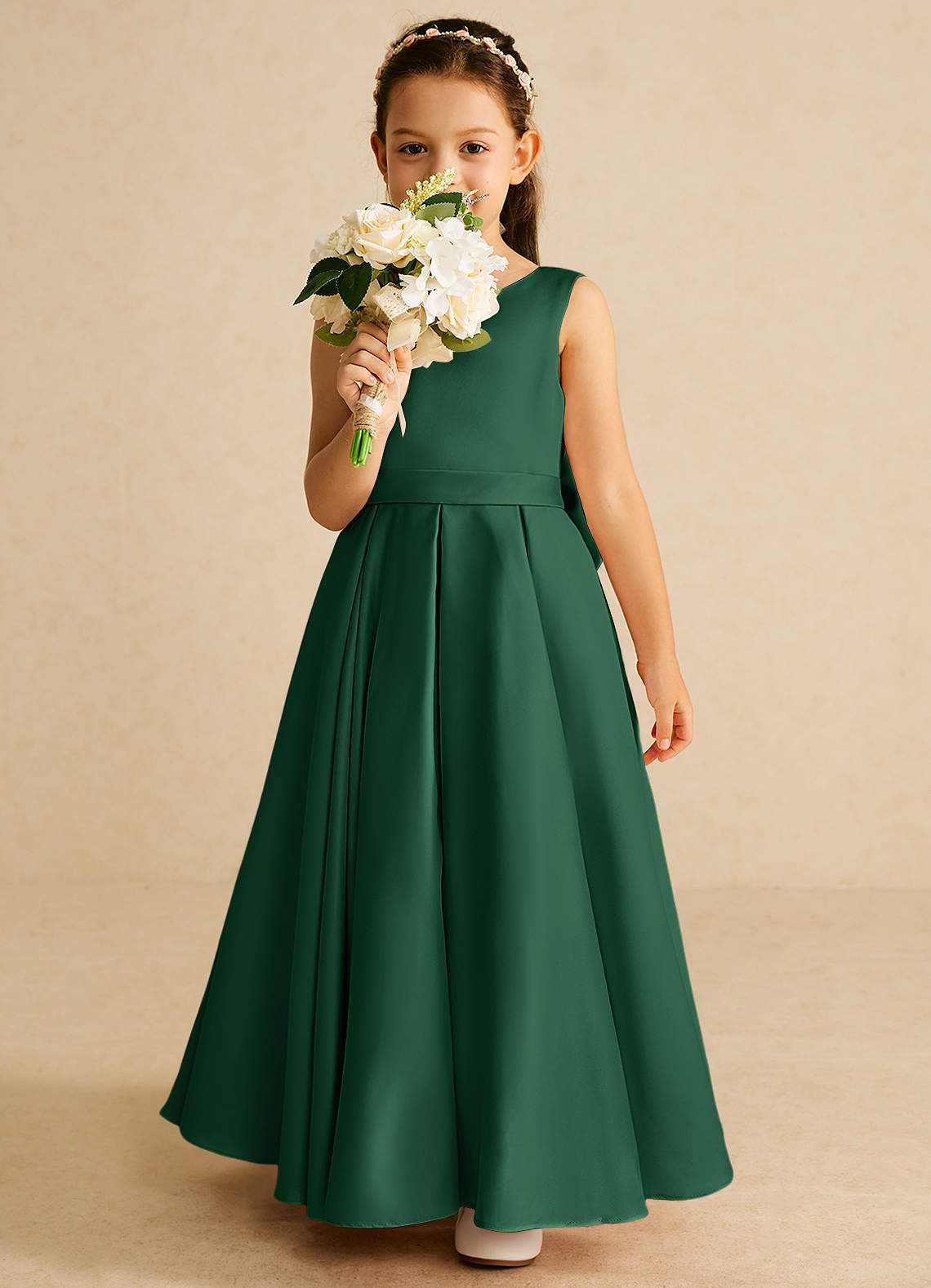 Azazie Pipsy Flower Girl Dresses Dark Green A-Line Bow Matte Satin Dress image4