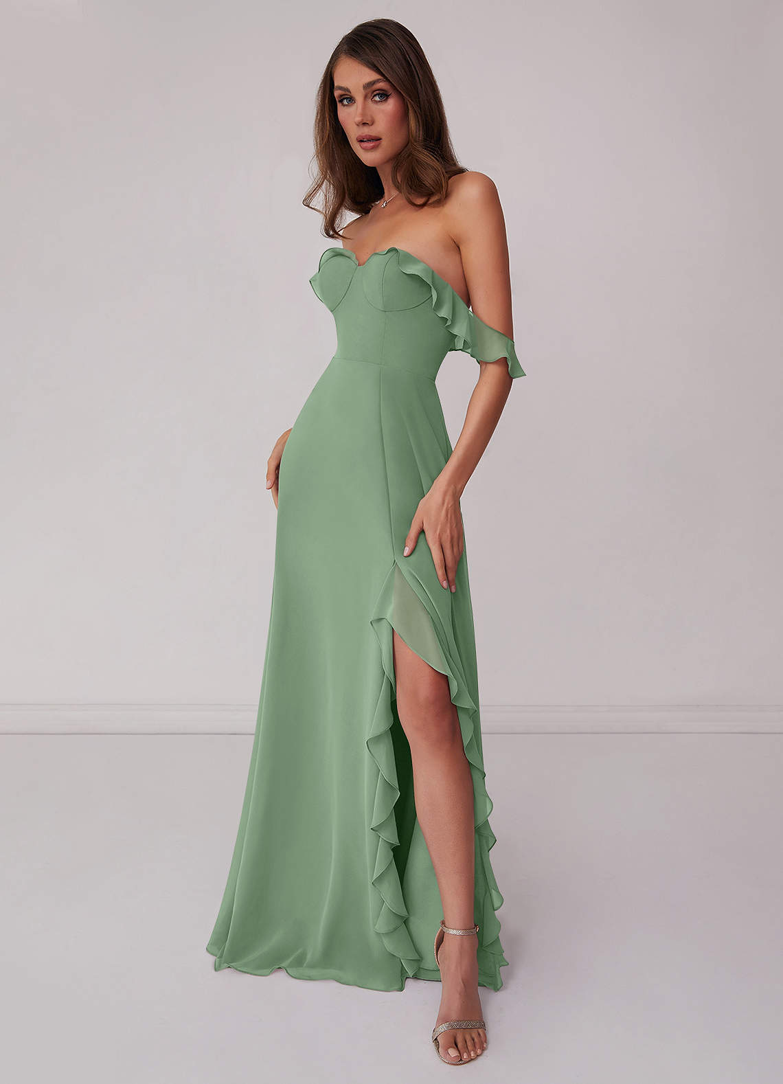 Ruffled Sleeve A-Line Corset Chiffon Bridesmaid Dress in Matcha main image 0