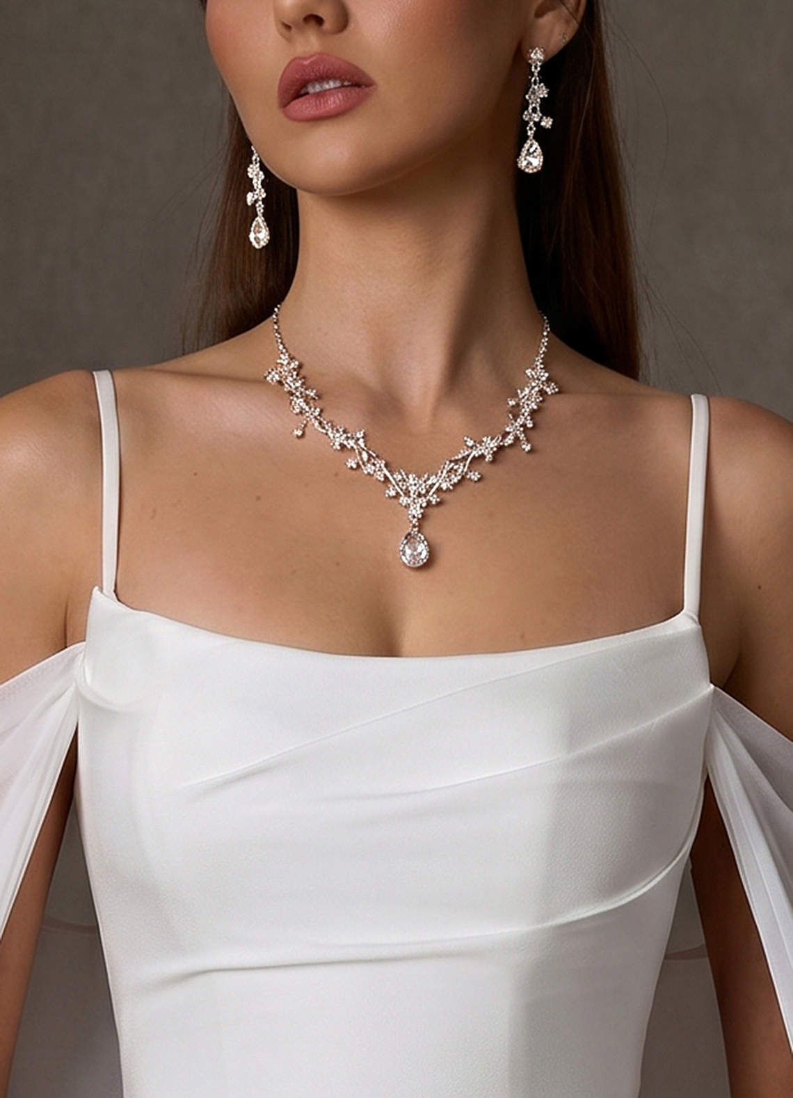 front Crystal Rhinestone Necklace and Earrings Set