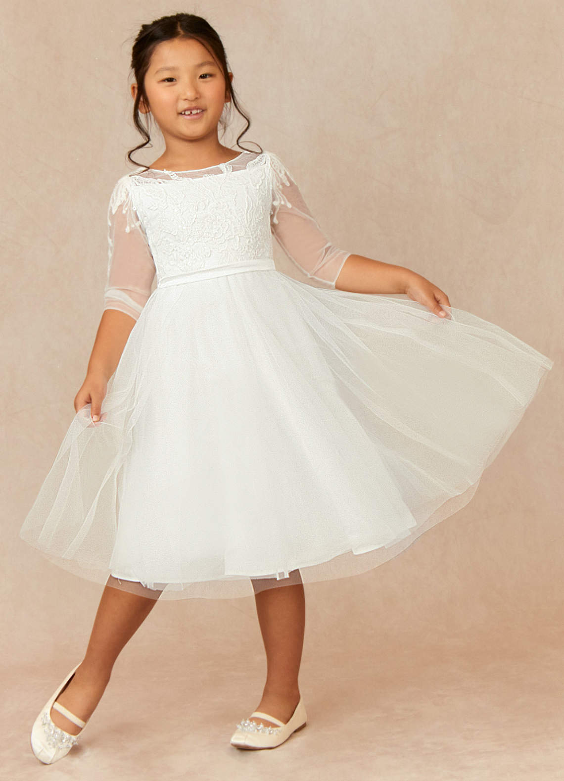 Azazie Dina vestidos de niña de las flores Vestido de Diamante Blanco de Tul de Corte En A con Encaje image1