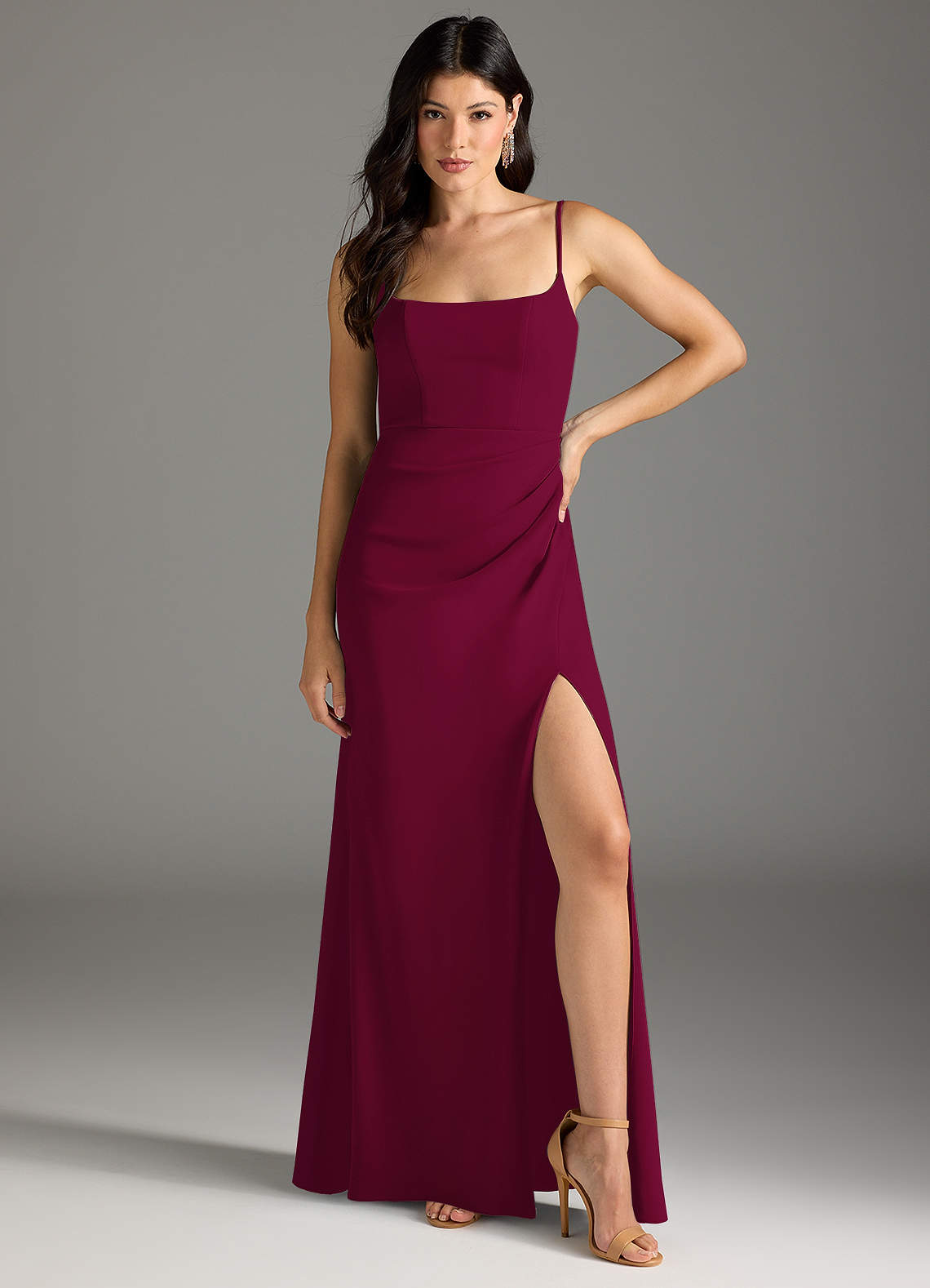 Azazie Rhoda Bridesmaid Dresses Burgundy Sheath Pleated Stretch Crepe Dress image1