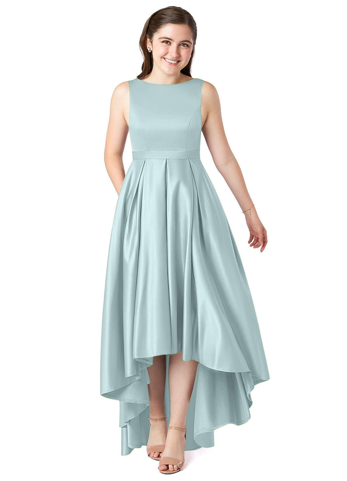 Azazie Inaya Junior Mist A-Line with Belt Stretch Satin Dress image1
