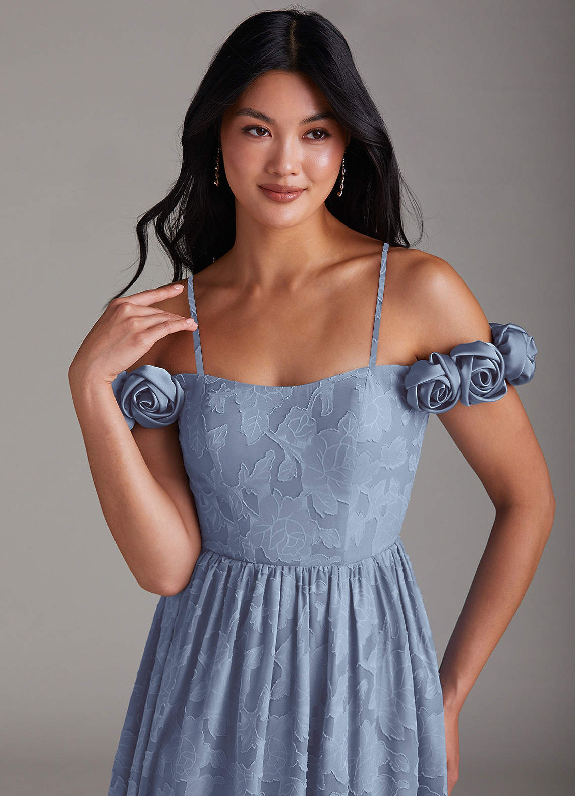 Azazie Autumn Bridesmaid Dresses Dusty Blue A-Line Off the Shoulder Floral Burnout Convertible Dress image1