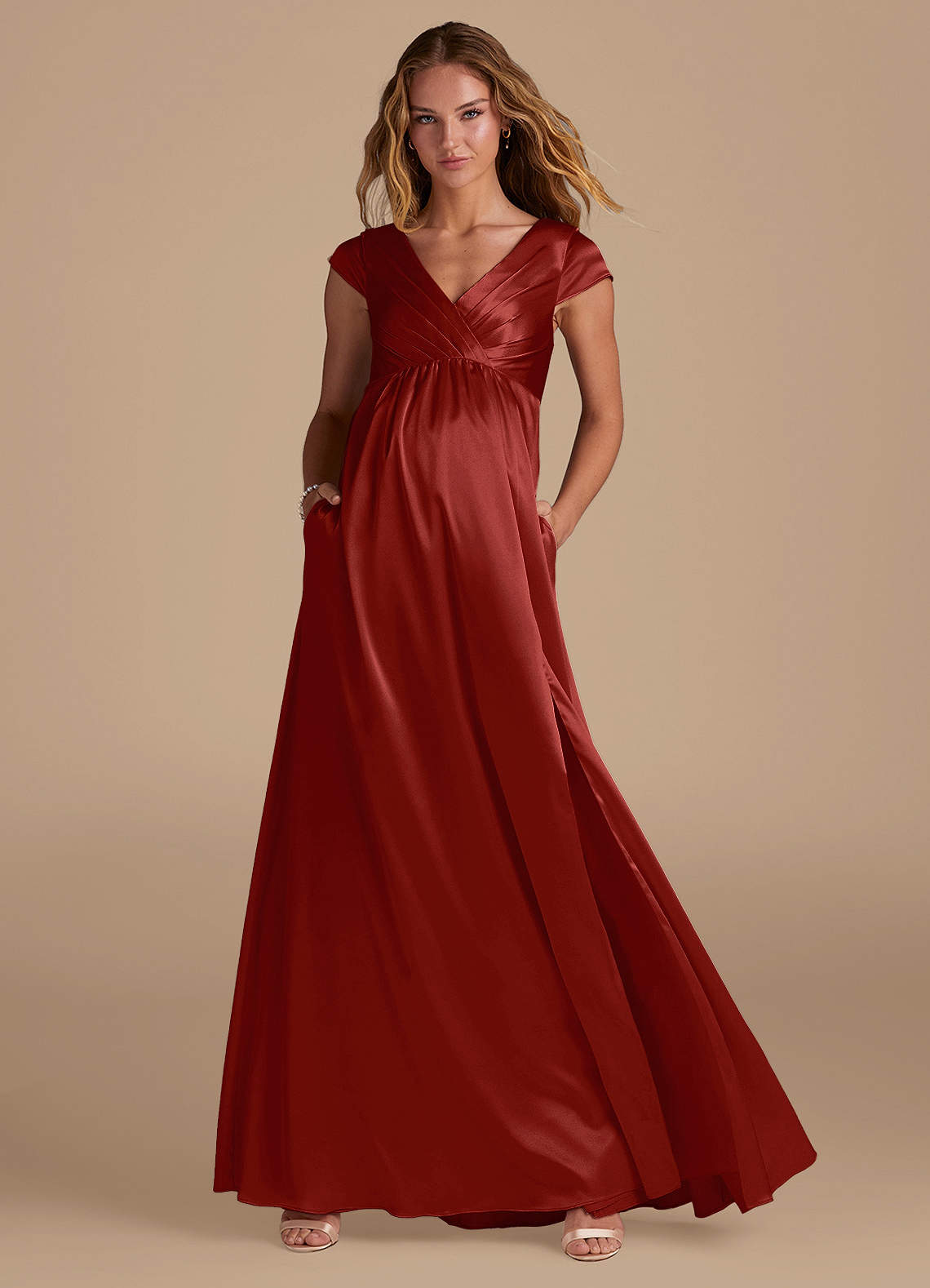 Azazie Allessia Maternity Bridesmaid Dresses A-Line Metallic Satin Floor-Length Dress image1