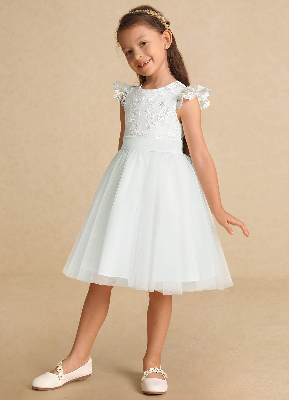 Azazie Vetty Flower Girl Dresses Ivory A-Line Lace Tulle Dress image2