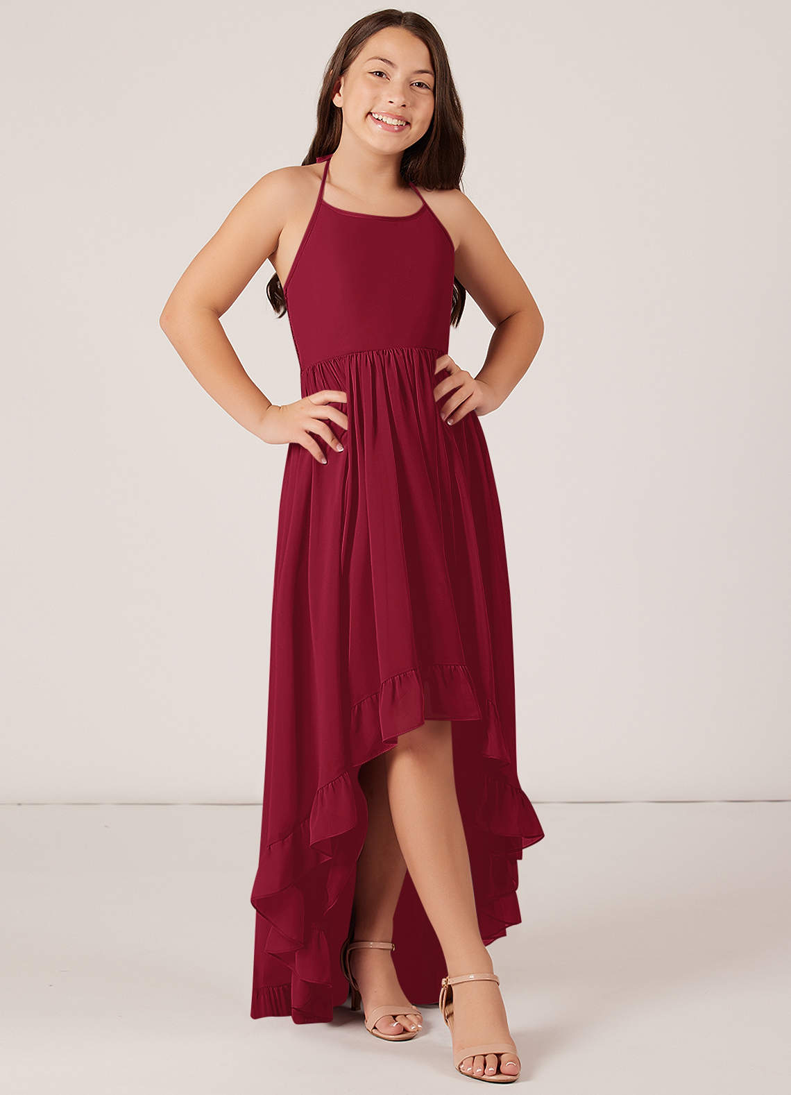 Azazie Sarafina Junior Burgundy A-Line Lace Chiffon Dress image1