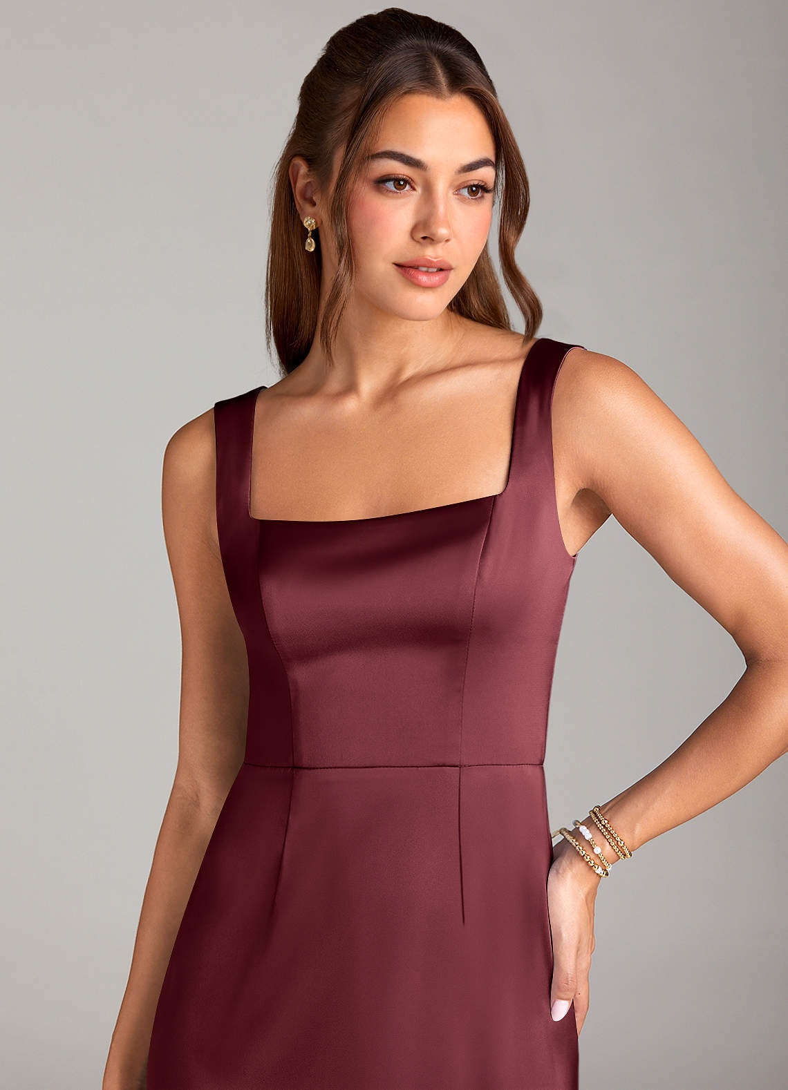 Azazie Flori At-home Try On Dresses Agave Sheath Side Slit Stretch Satin Dress image4