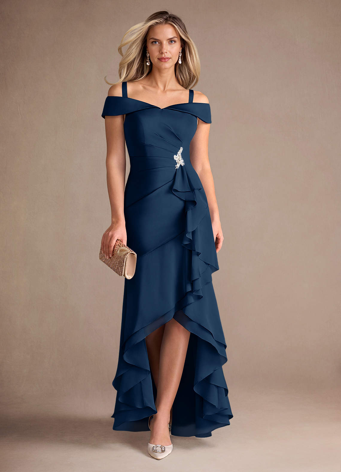 Azazie Billings Mother of the Bride Dresses Dark Navy Mermaid Off the Shoulder Stretch Satin Dress image6