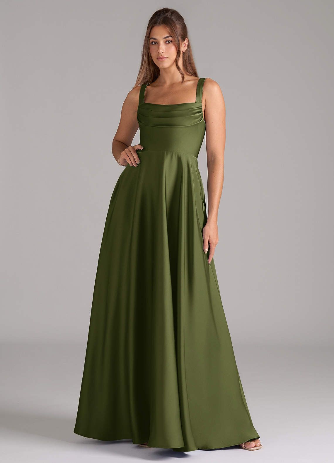 Azazie Shaude Bridesmaid Dresses Olive A-Line Pleated Stretch Satin Dress image1